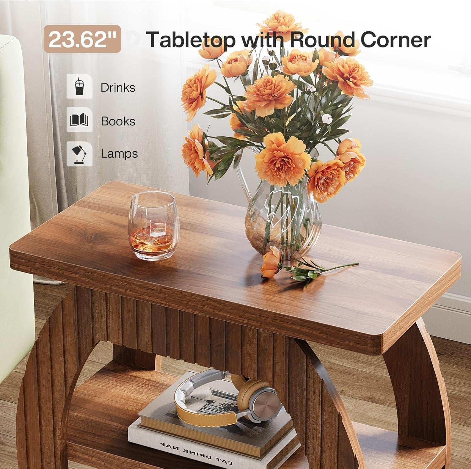 66 cm 3-stöckiger Beistelltisch - Gerillter Nachttisch in Braun für Wohnzimmer & Schlafzimmer