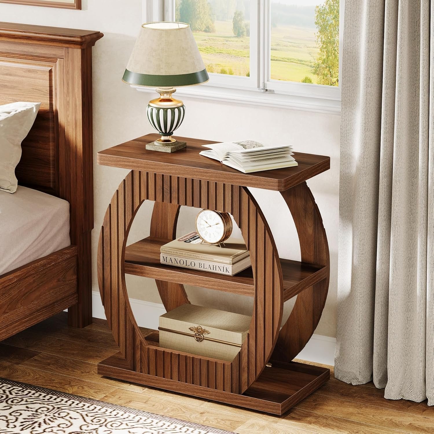 66 cm 3-stöckiger Beistelltisch - Gerillter Nachttisch in Braun für Wohnzimmer & Schlafzimmer