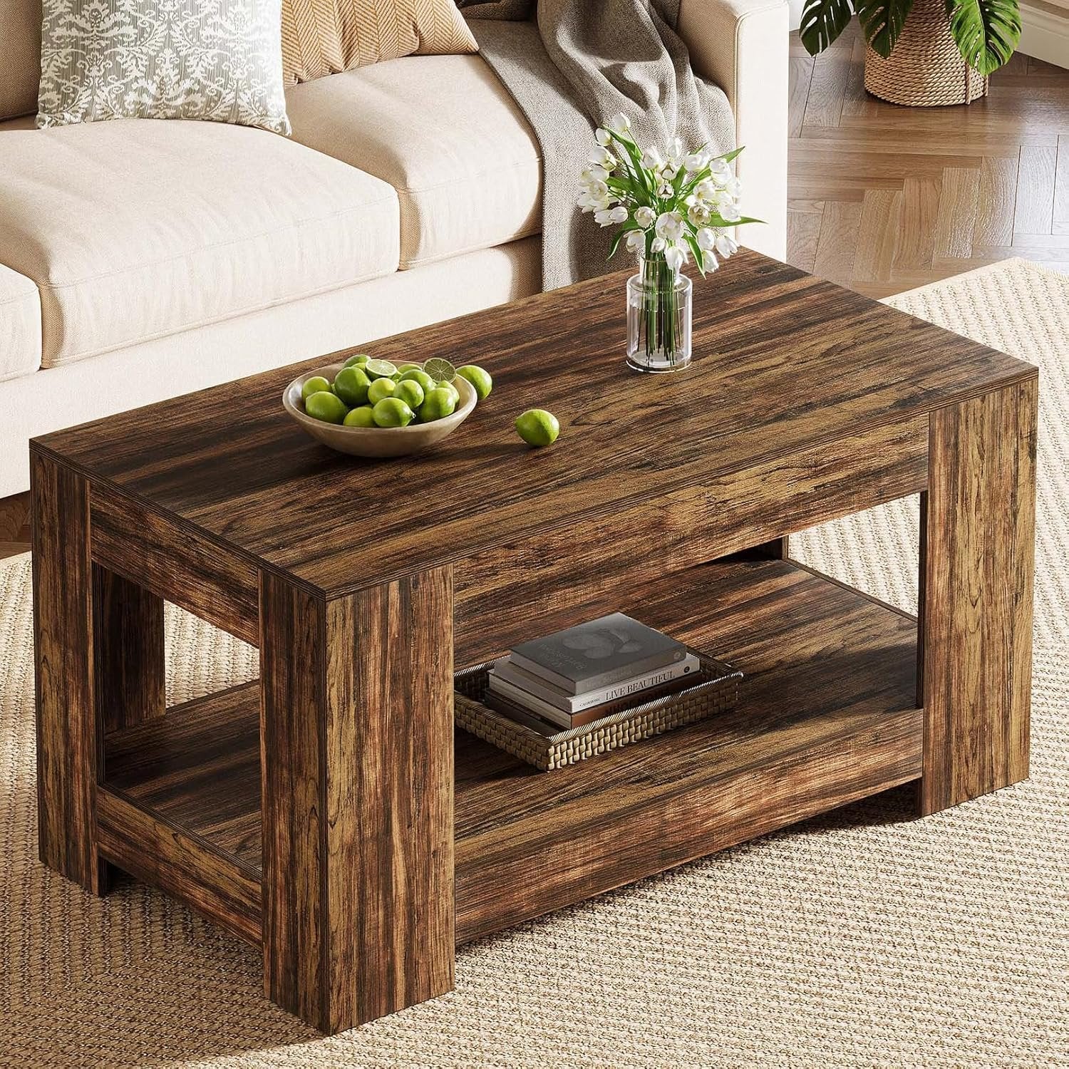 120 cm Rustikaler Couchtisch mit 2 Ebenen - Landhaus-Wohnzimmertisch mit Stauraum & einfacher Montage