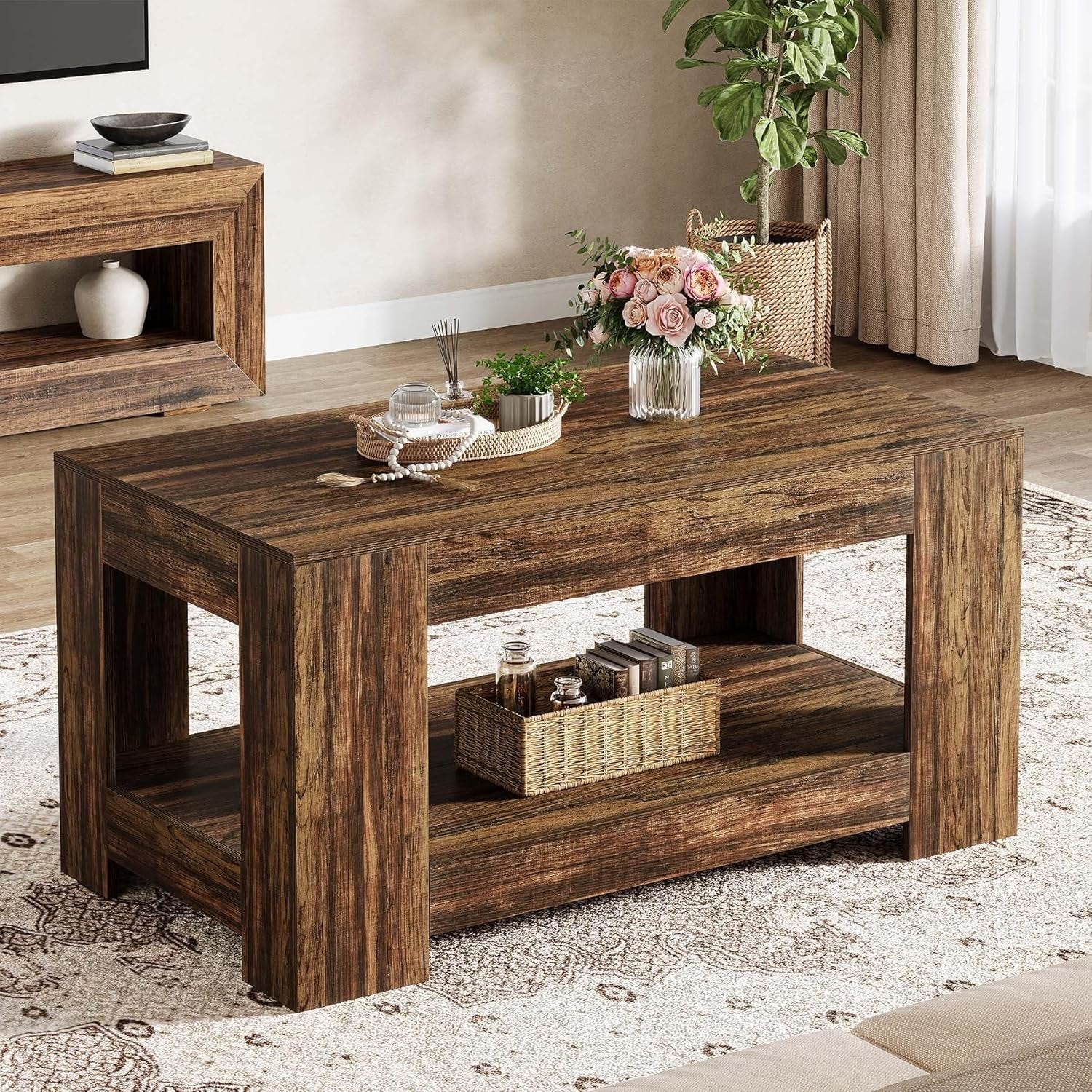 120 cm Rustikaler Couchtisch mit 2 Ebenen - Landhaus-Wohnzimmertisch mit Stauraum & einfacher Montage