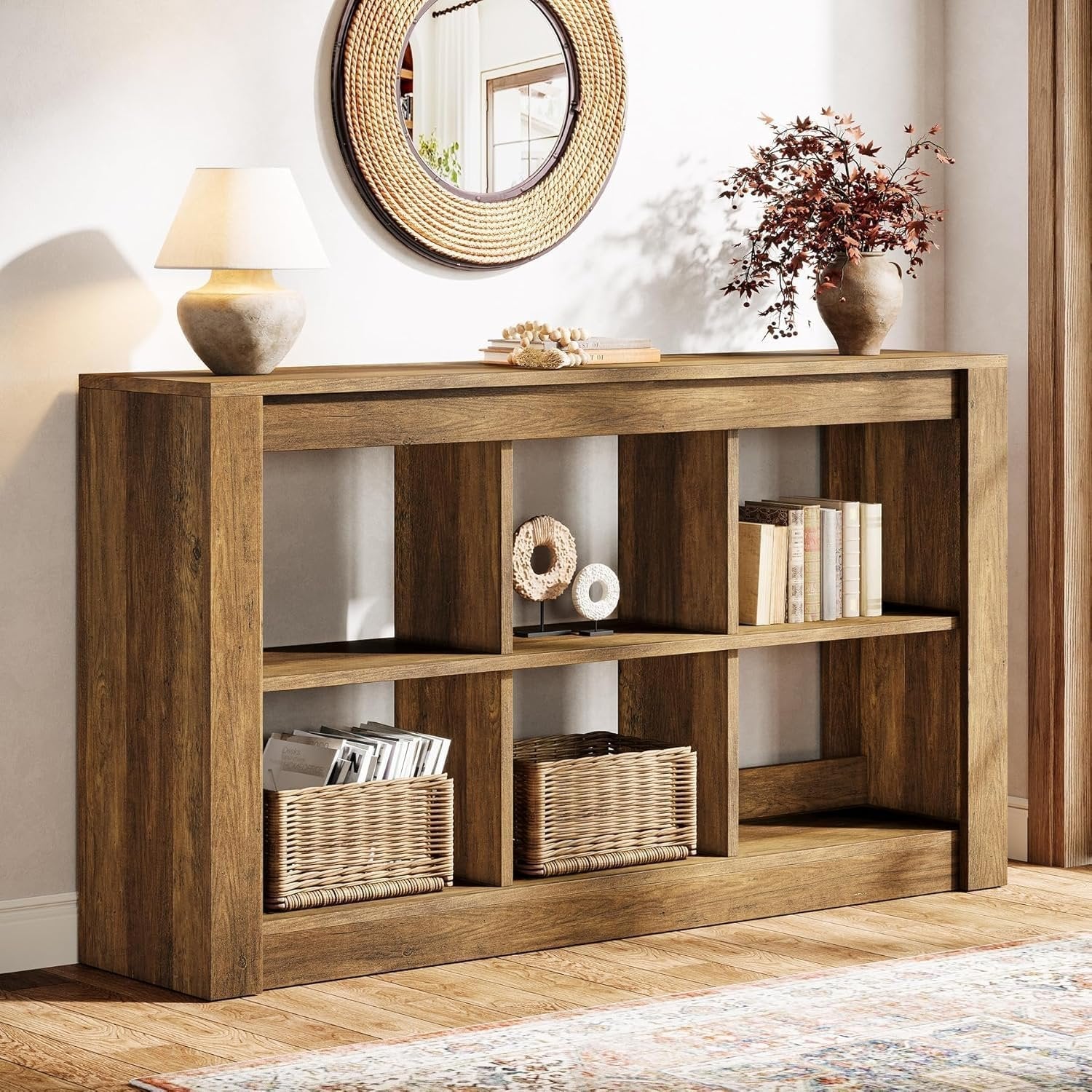 140 cm Rustikaler Konsoletisch mit 3 Ebenen & 6 Storage Boxes