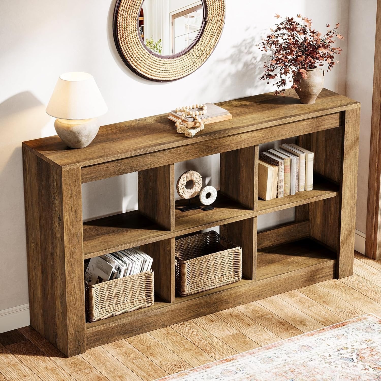 140 cm Rustikaler Konsoletisch mit 3 Ebenen & 6 Storage Boxes
