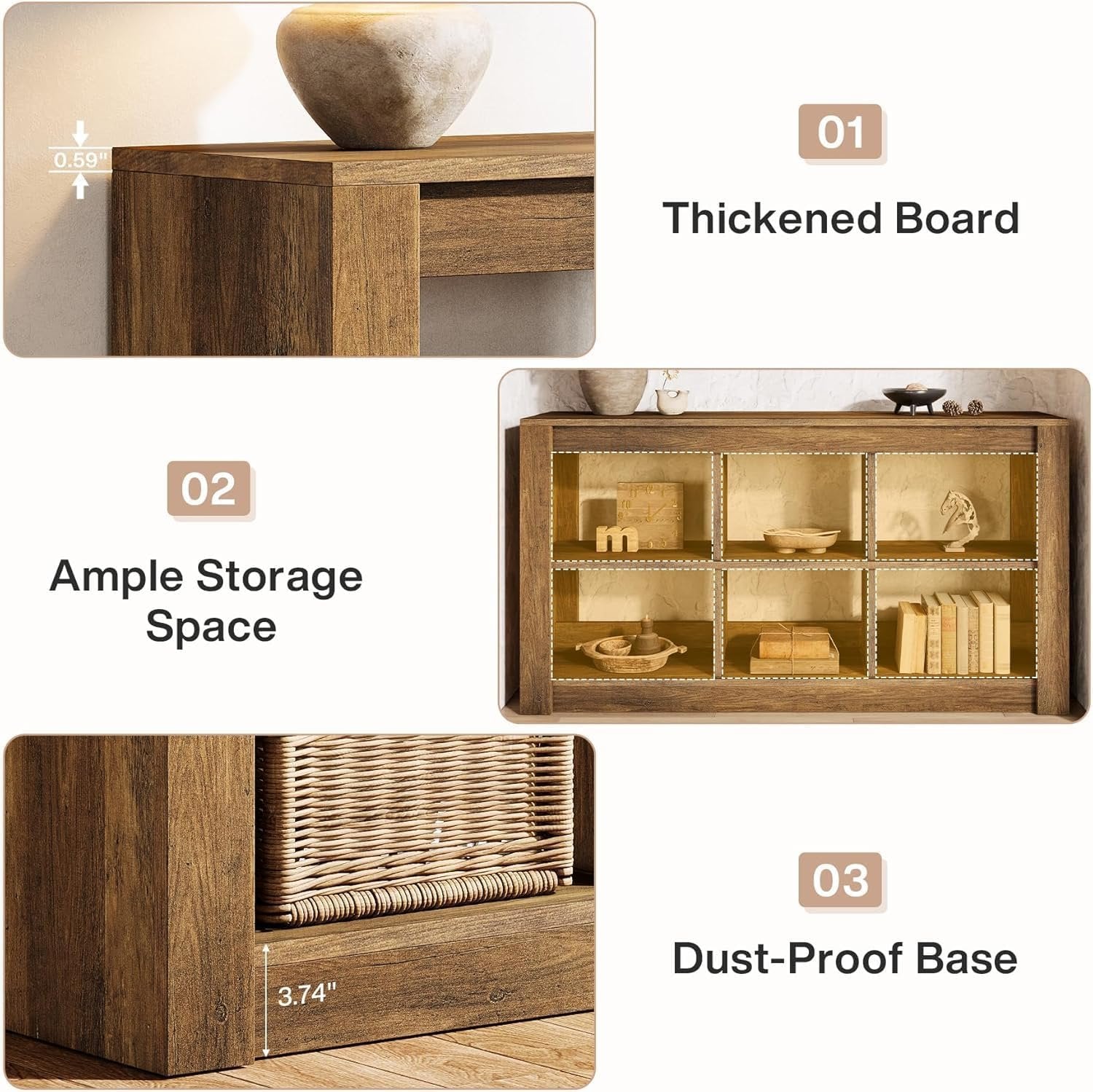 140 cm Rustikaler Konsoletisch mit 3 Ebenen & 6 Storage Boxes