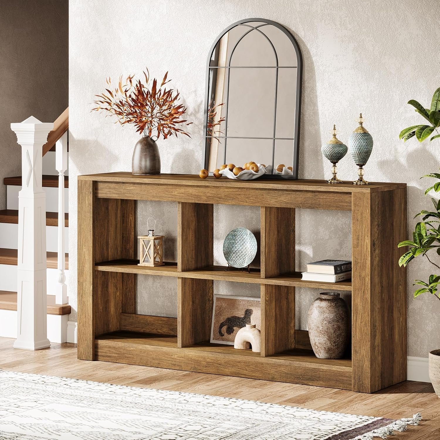 140 cm Rustikaler Konsoletisch mit 3 Ebenen & 6 Storage Boxes