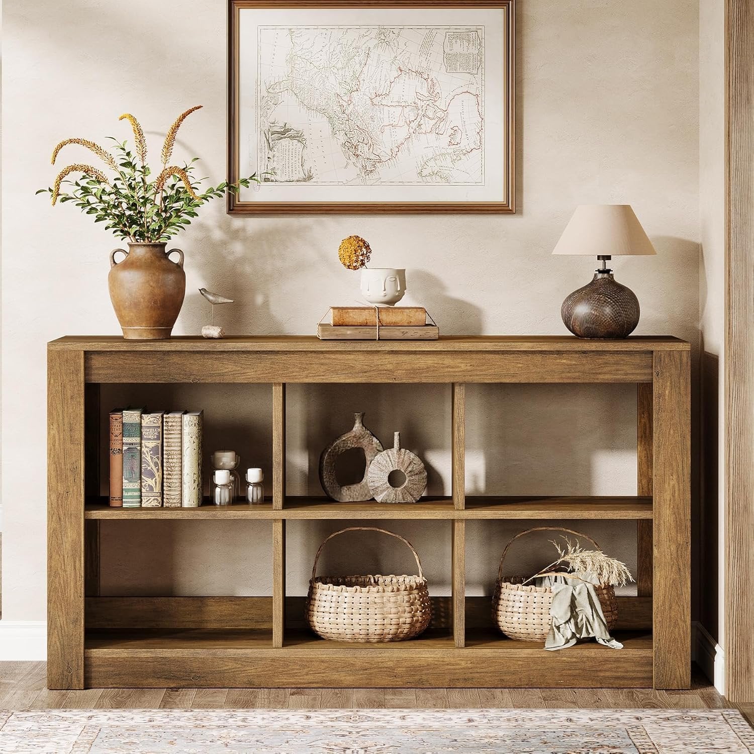 140 cm Rustikaler Konsoletisch mit 3 Ebenen & 6 Storage Boxes