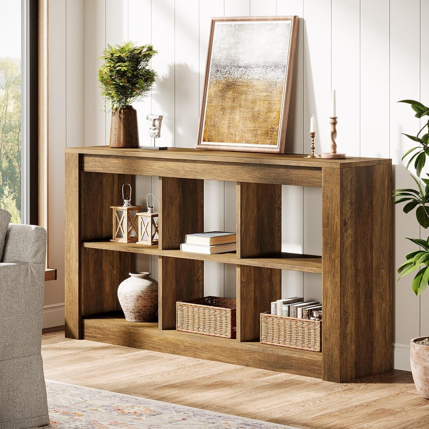 140 cm Rustikaler Konsoletisch mit 3 Ebenen & 6 Storage Boxes