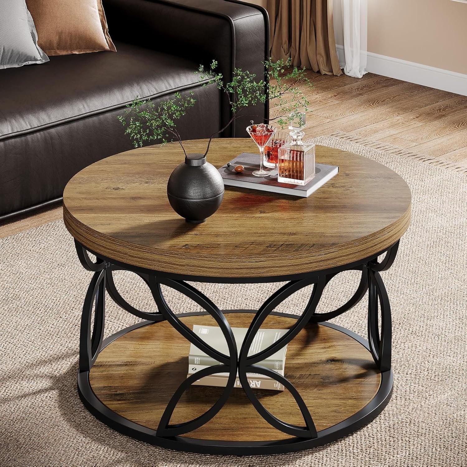 Runder 80 cm Couchtisch mit Stauraum, 2-Ebenen Wohnzimmertisch in Rustikaler Holzoptik und schwarzem Metall