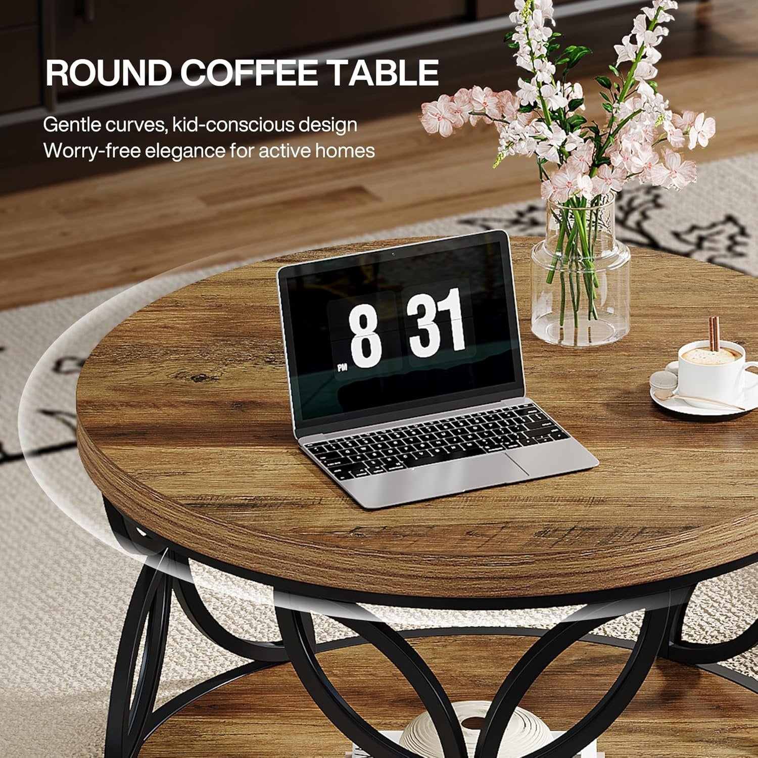 Runder 80 cm Couchtisch mit Stauraum, 2-Ebenen Wohnzimmertisch in Rustikaler Holzoptik und schwarzem Metall