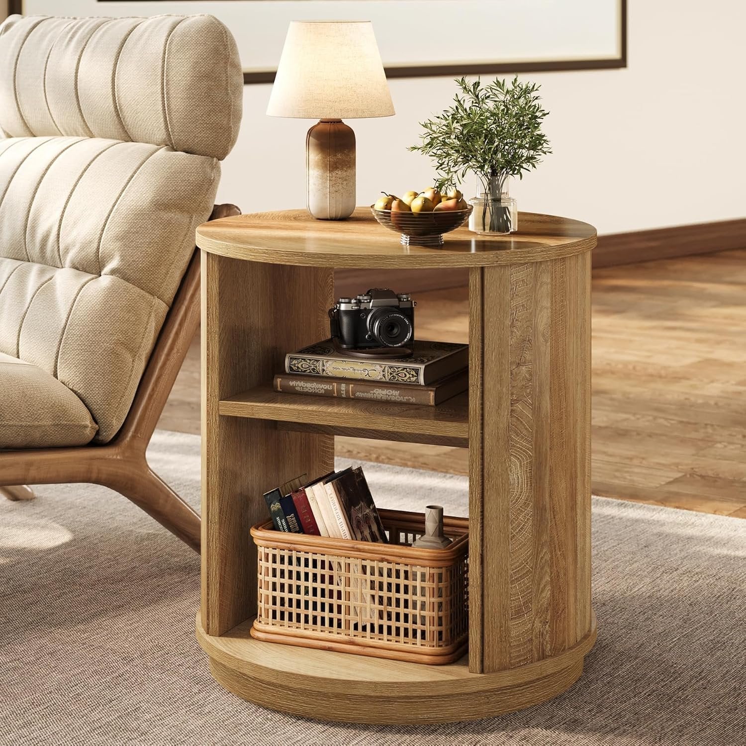 60 cm Runder 3-Etagen Beistelltisch mit Regal - Natürlicher Nachttisch für Wohnzimmer & Schlafzimmer