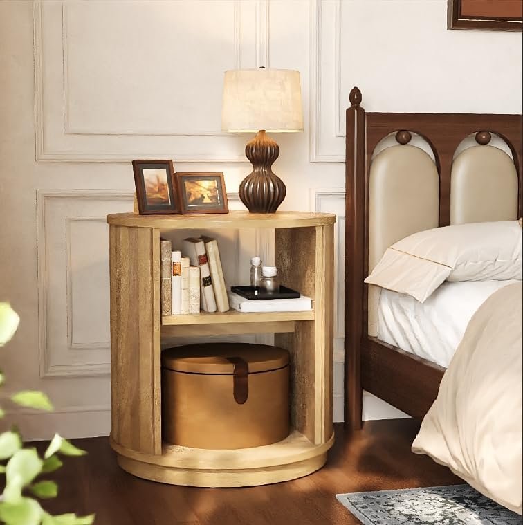 60 cm Runder 3-Etagen Beistelltisch mit Regal - Natürlicher Nachttisch für Wohnzimmer & Schlafzimmer