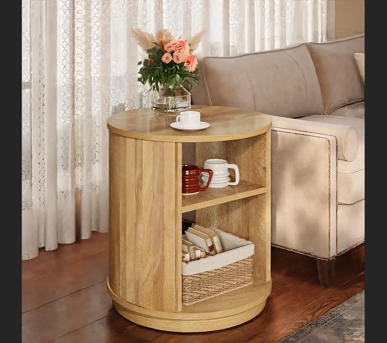 60 cm Runder 3-Etagen Beistelltisch mit Regal - Natürlicher Nachttisch für Wohnzimmer & Schlafzimmer