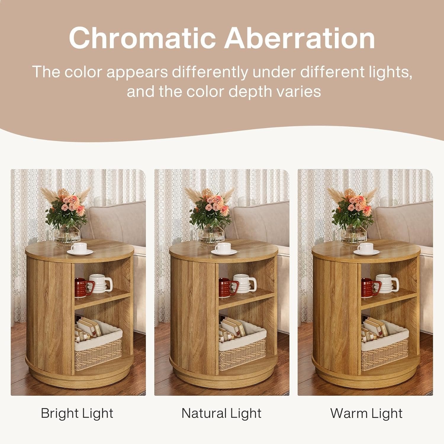 60 cm Runder 3-Etagen Beistelltisch mit Regal - Natürlicher Nachttisch für Wohnzimmer & Schlafzimmer