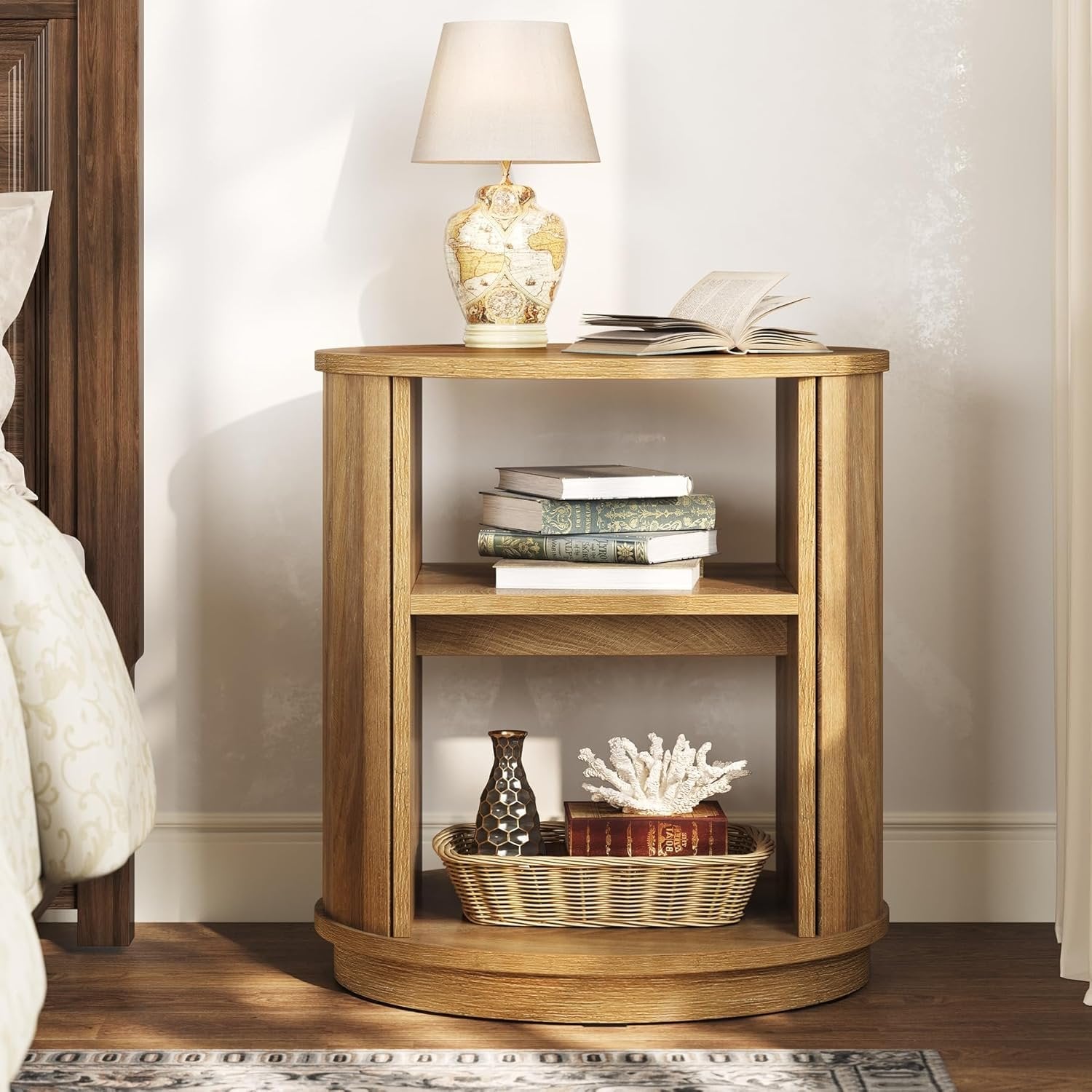 60 cm Runder 3-Etagen Beistelltisch mit Regal - Natürlicher Nachttisch für Wohnzimmer & Schlafzimmer