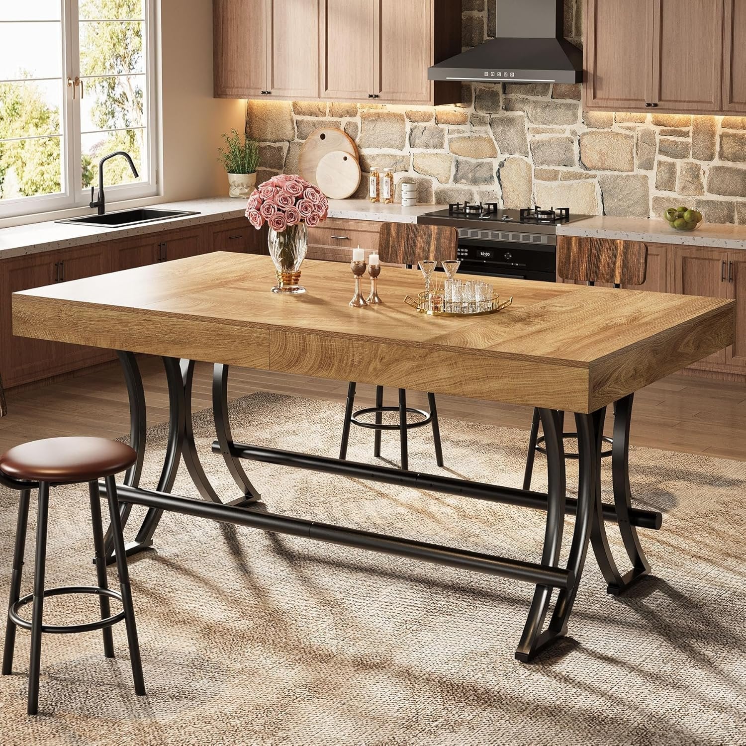 160 cm Hoher Bartisch mit Fußraste - Industrieller Küchen-Inseltisch in Rustikalbraun für Homebar & Entertainment