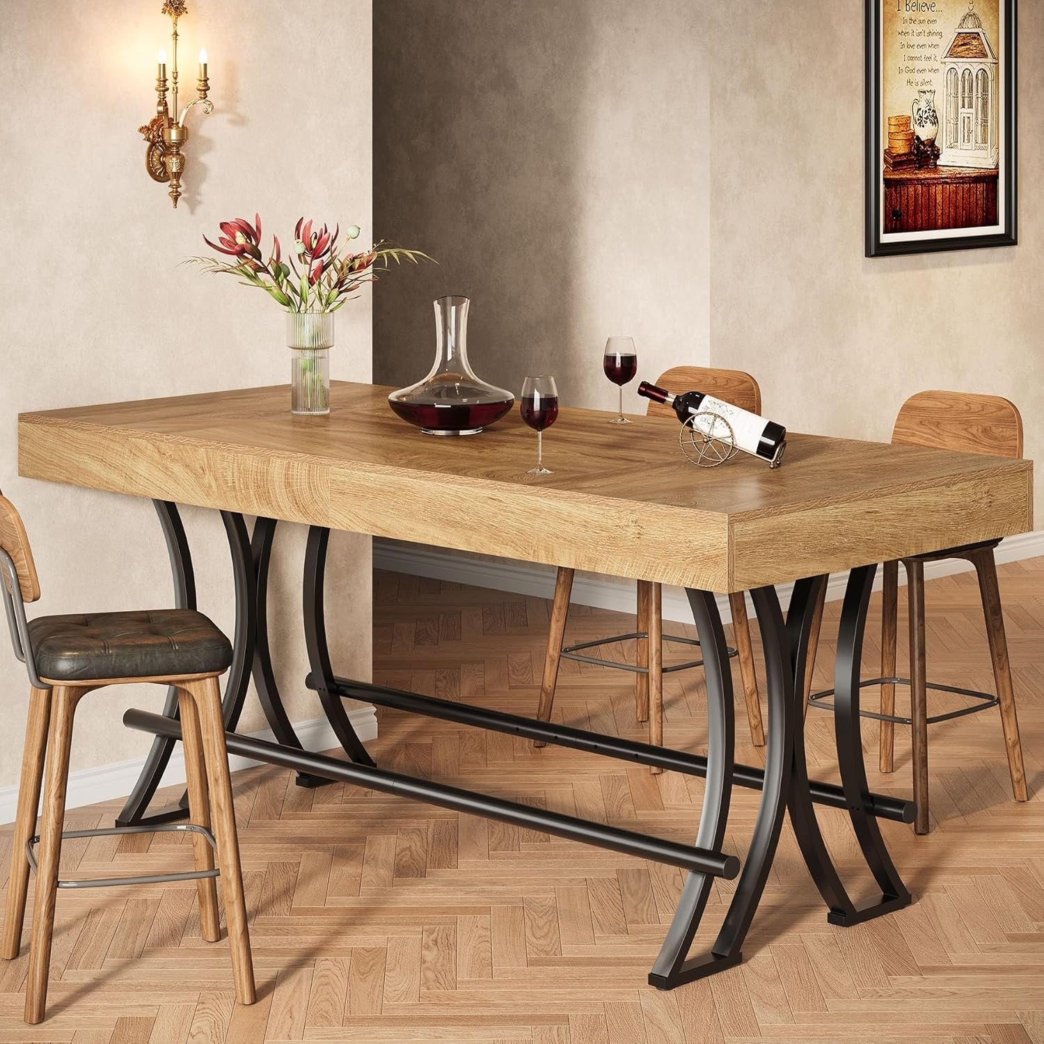 160 cm Hoher Bartisch mit Fußraste - Industrieller Küchen-Inseltisch in Rustikalbraun für Homebar & Entertainment