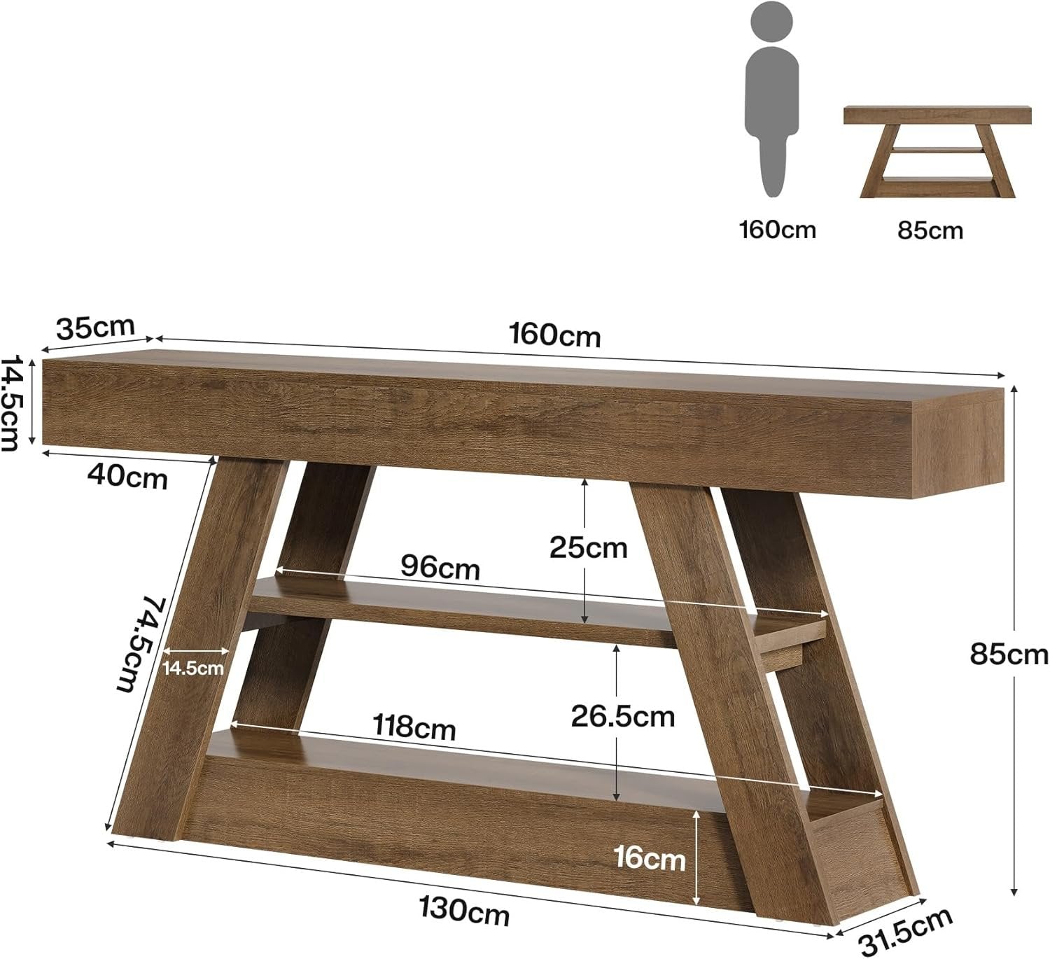 Landhaus-Konsolentisch 160cm - 3-Etagen Industrieller Flurtisch für Wohnzimmer