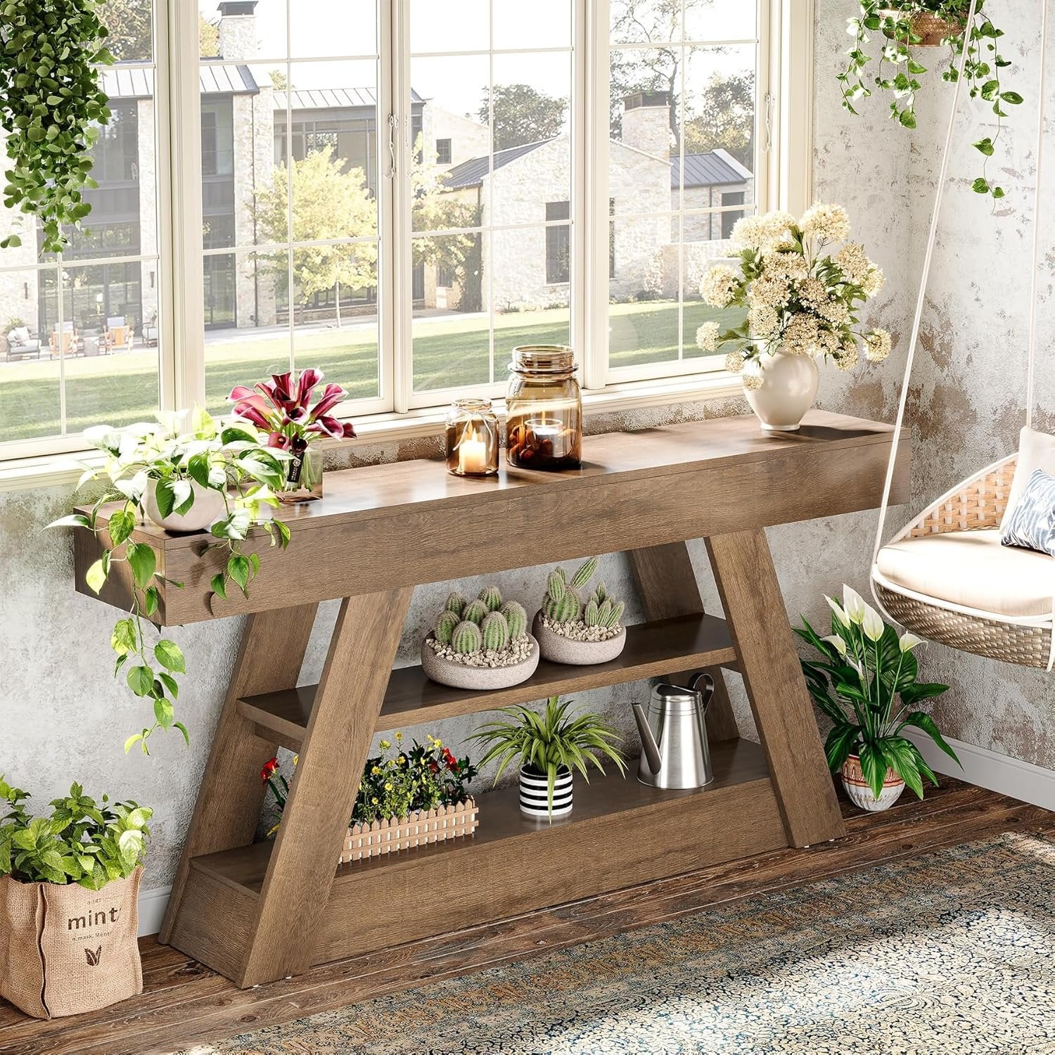 Landhaus-Konsolentisch 160cm - 3-Etagen Industrieller Flurtisch für Wohnzimmer