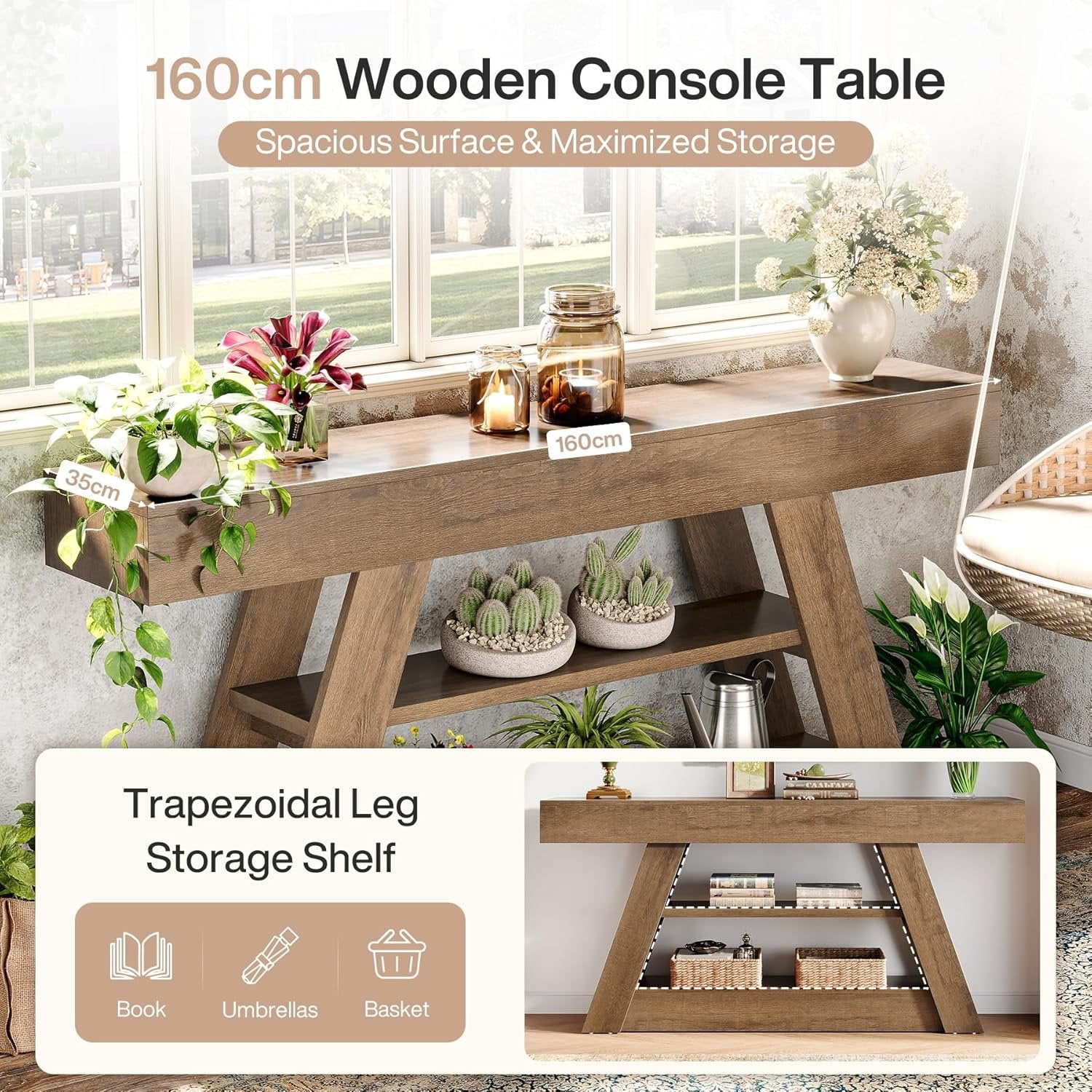 Landhaus-Konsolentisch 160cm - 3-Etagen Industrieller Flurtisch für Wohnzimmer
