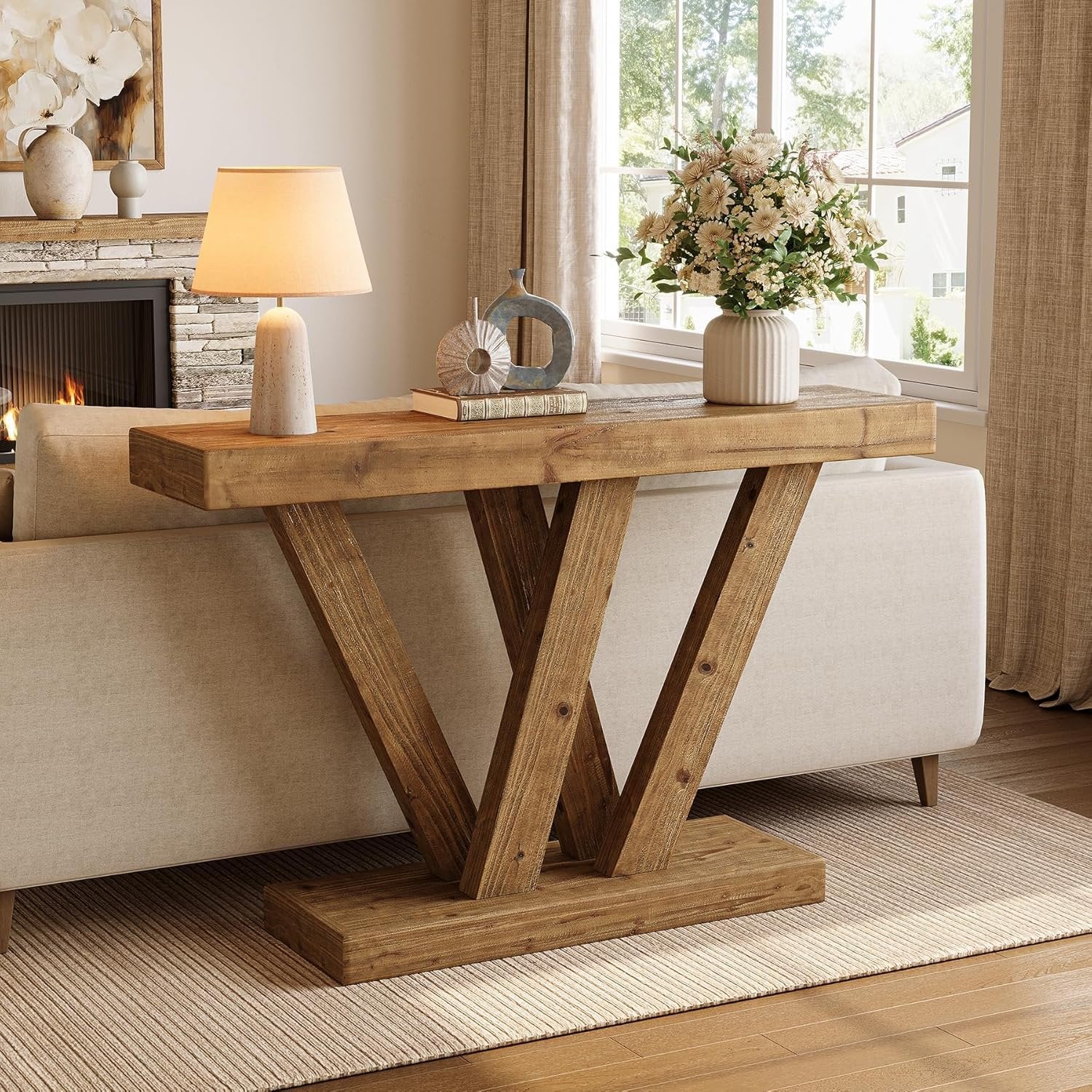 120 cm Massivholz-Konsole - Schmaler Couchtisch im Vintage-Design für Flur & Wohnzimmer