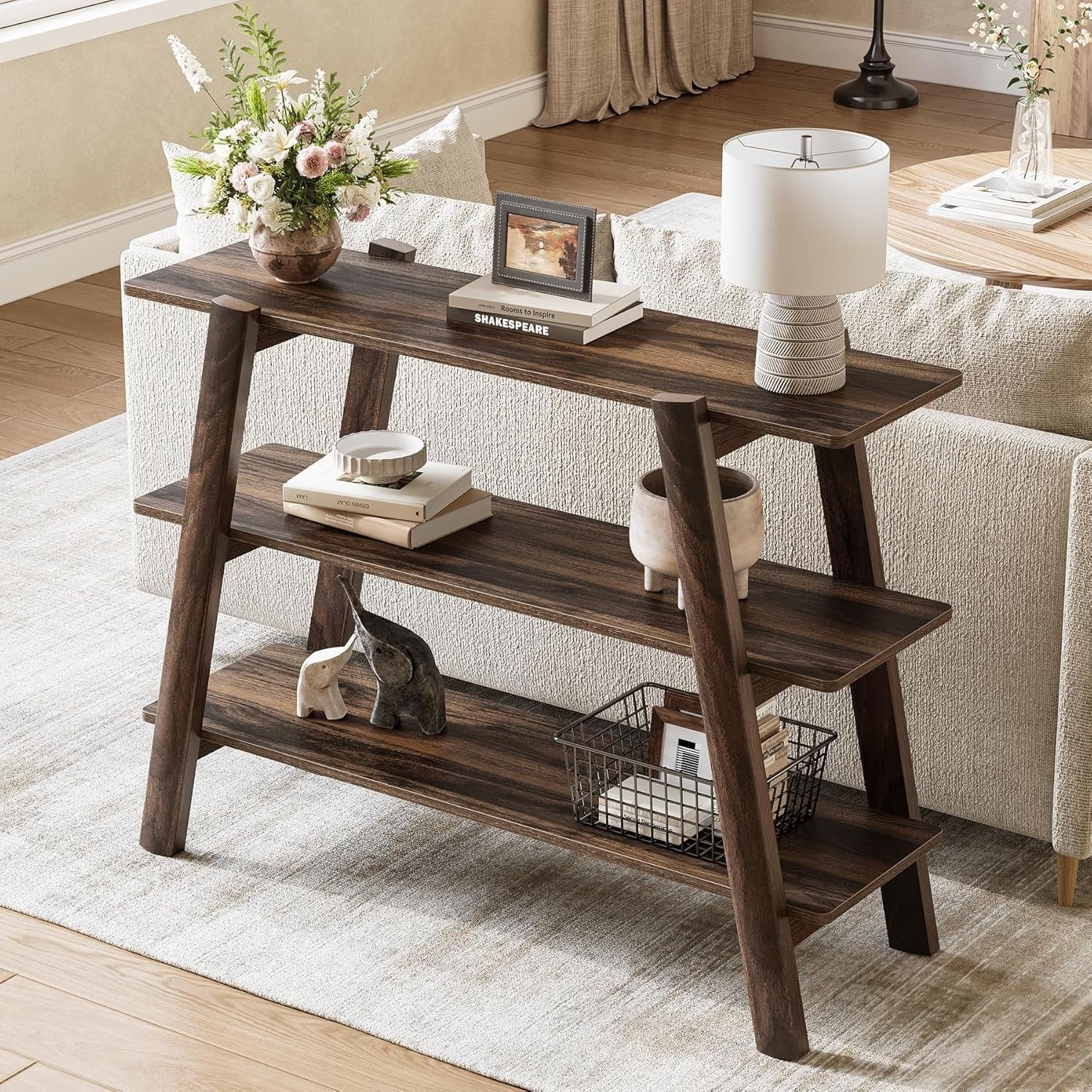 105 cm Landhaus-Konsole - 3-stöckiger schmaler Couchtisch mit offenen Regalen in Rustikal Braun