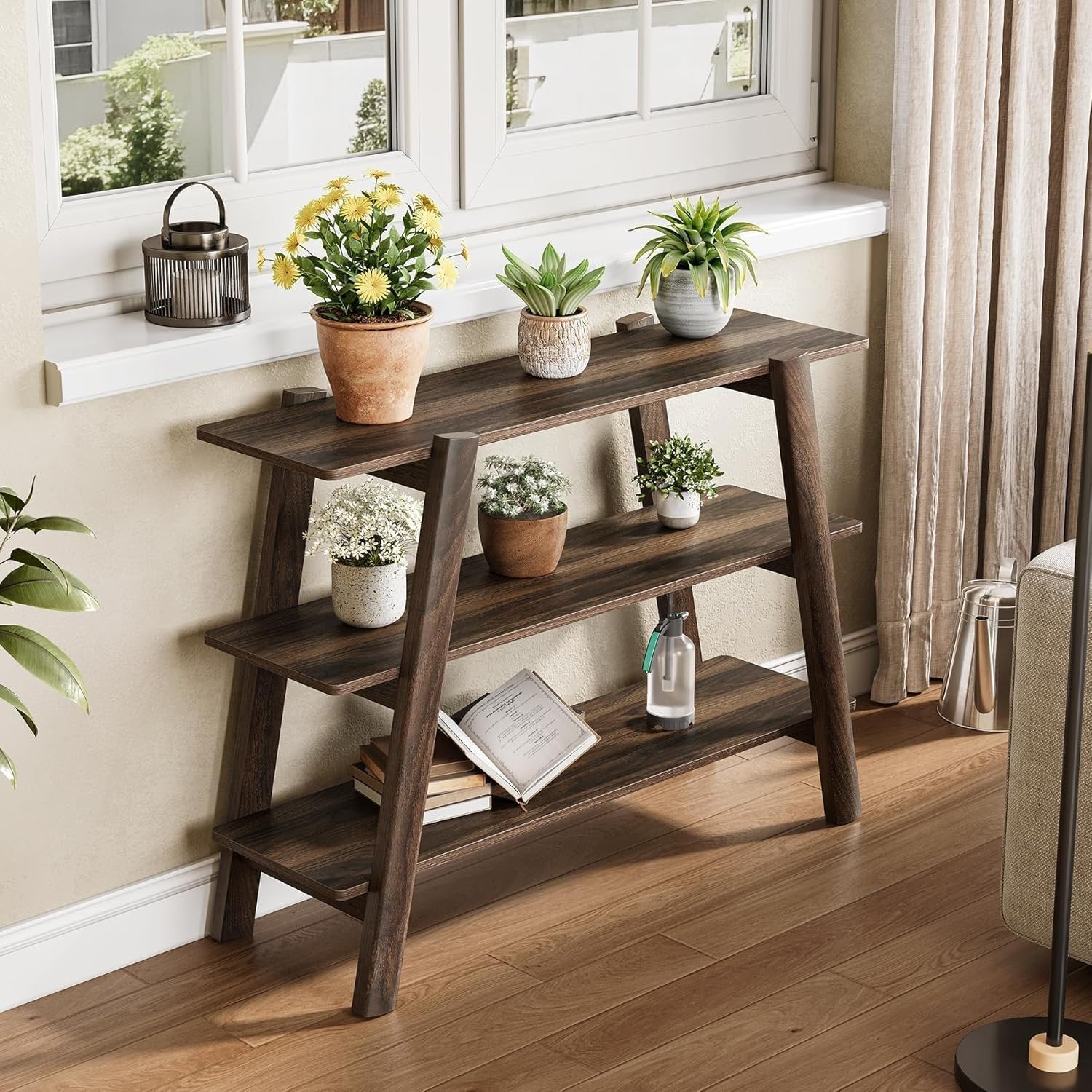 105 cm Landhaus-Konsole - 3-stöckiger schmaler Couchtisch mit offenen Regalen in Rustikal Braun