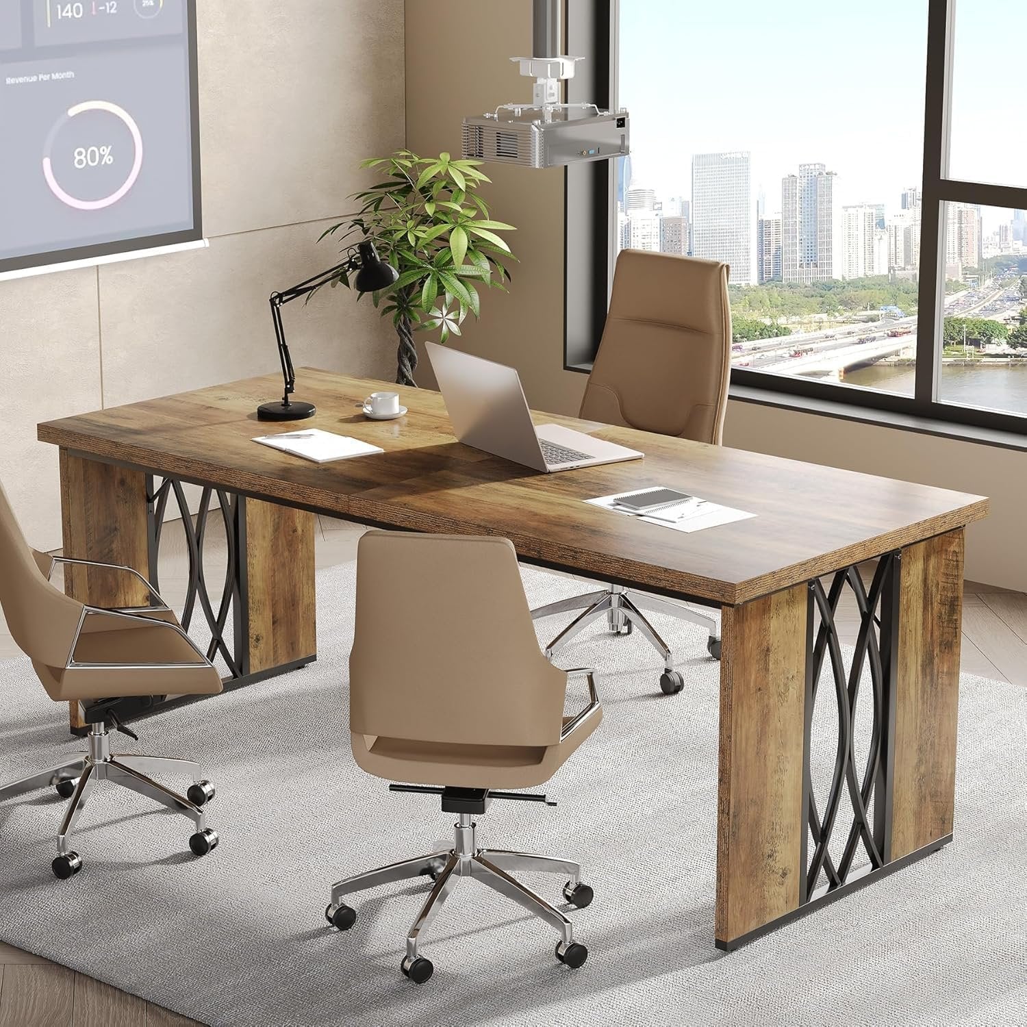 200 cm Industrieller Schreibtisch - Doppelt breiter Bürotisch in Braun für Homeoffice & Konferenz