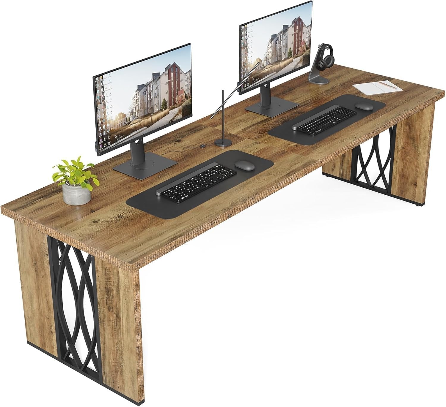 200 cm Industrieller Schreibtisch - Doppelt breiter Bürotisch in Braun für Homeoffice & Konferenz