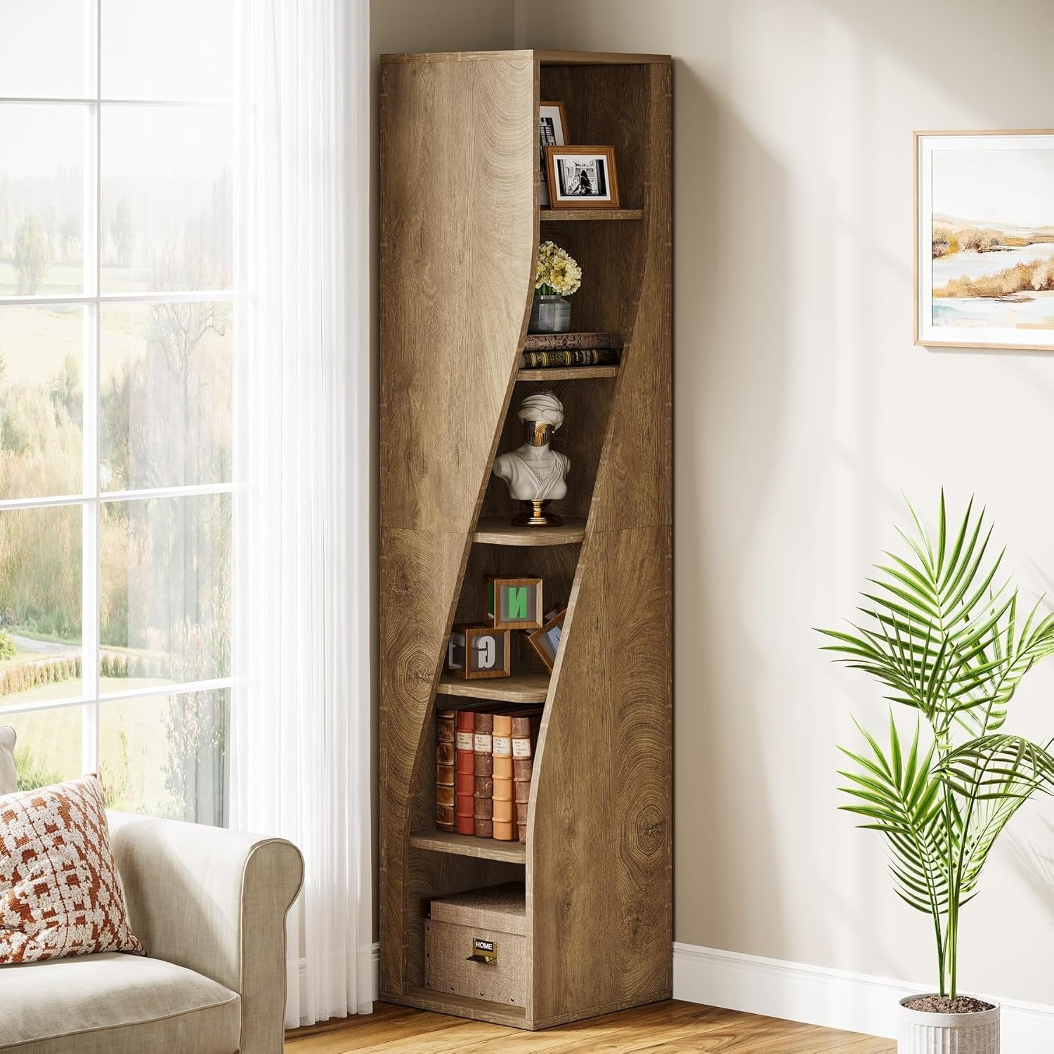 180 cm 6-Etagen-Eckregal - Schmaler Industriestil-Bücherregal in Hellbraun für Wohnzimmer & Homeoffice