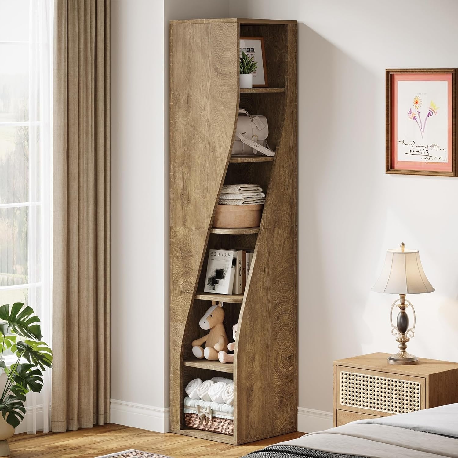 180 cm 6-Etagen-Eckregal - Schmaler Industriestil-Bücherregal in Hellbraun für Wohnzimmer & Homeoffice