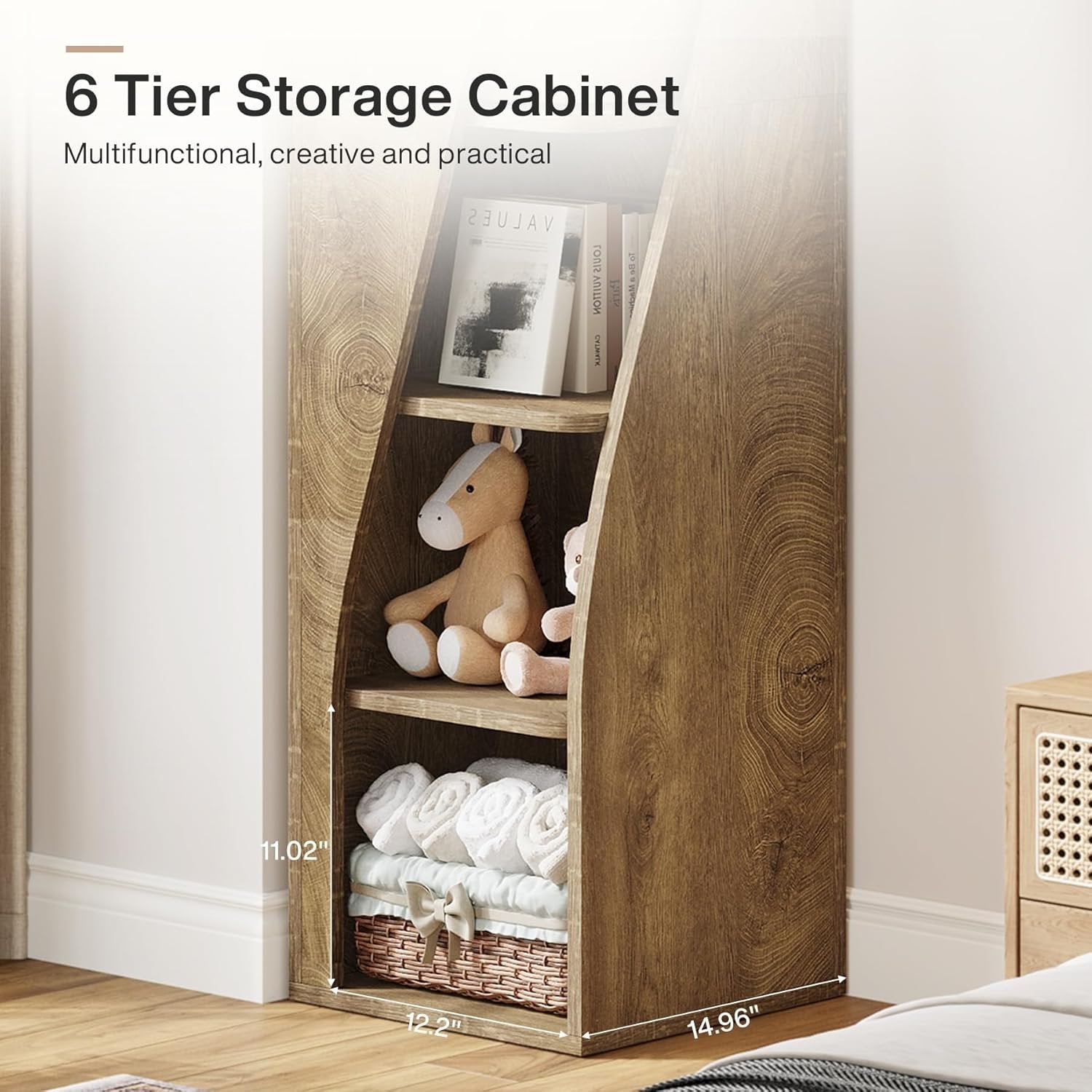 180 cm 6-Etagen-Eckregal - Schmaler Industriestil-Bücherregal in Hellbraun für Wohnzimmer & Homeoffice