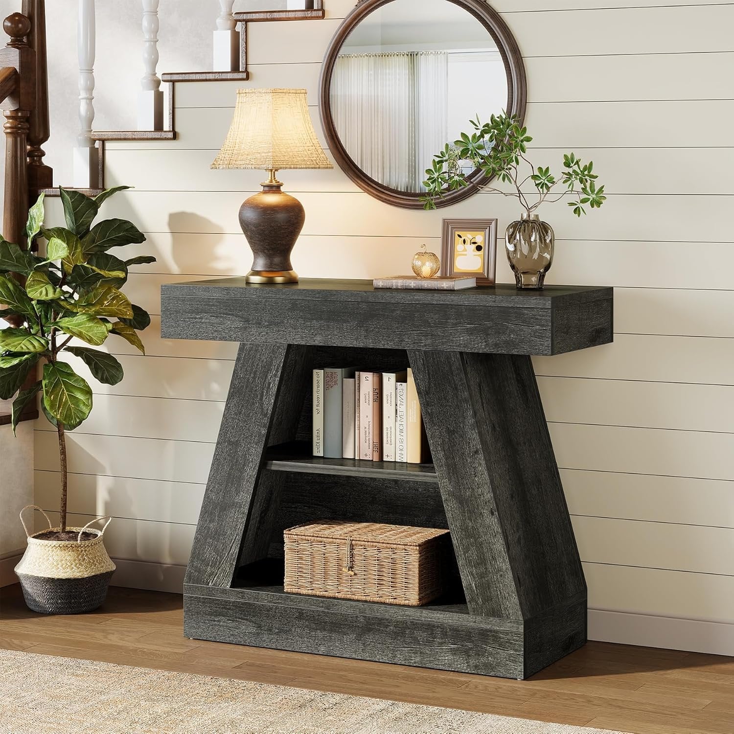 68 cm Landhaus-Konsolentisch für Diele - 3-stöckiger Couchtisch mit Regal für Wohnzimmer & Eingangsbereich