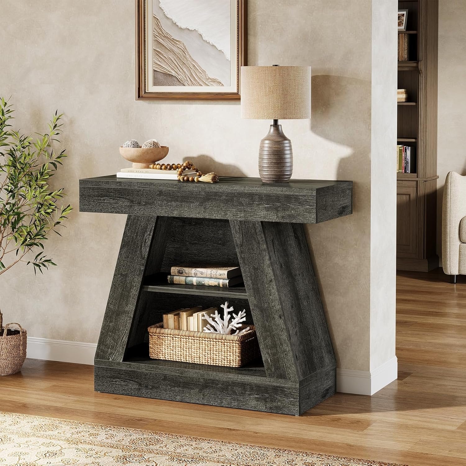 68 cm Landhaus-Konsolentisch für Diele - 3-stöckiger Couchtisch mit Regal für Wohnzimmer & Eingangsbereich