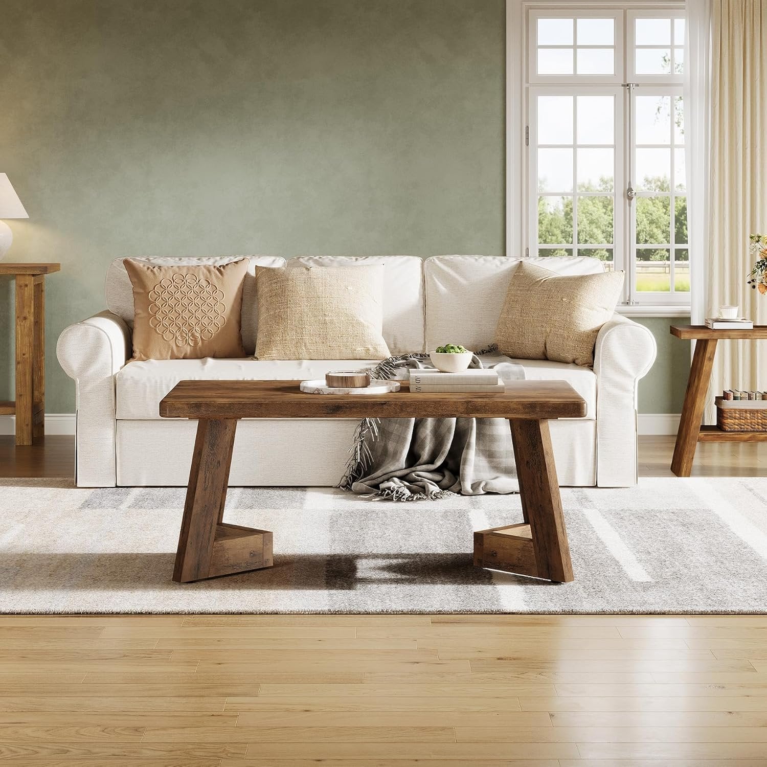 Landhaus Wohnzimmertisch im Rustikalen Design, Brauner Couchtisch mit V-förmigen Beinen