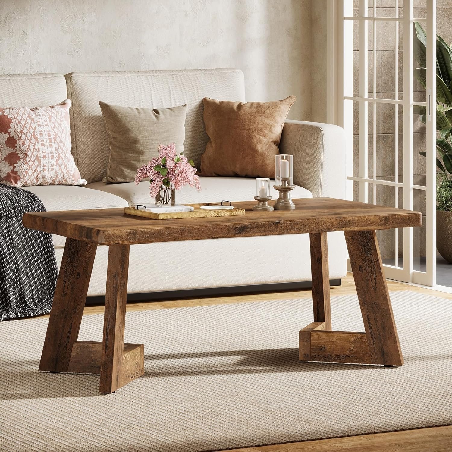 Landhaus Wohnzimmertisch im Rustikalen Design, Brauner Couchtisch mit V-förmigen Beinen