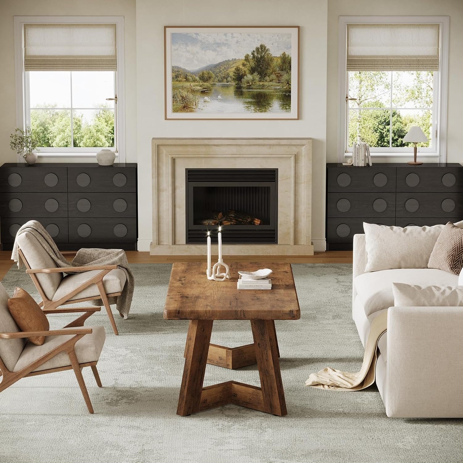 Landhaus Wohnzimmertisch im Rustikalen Design, Brauner Couchtisch mit V-förmigen Beinen