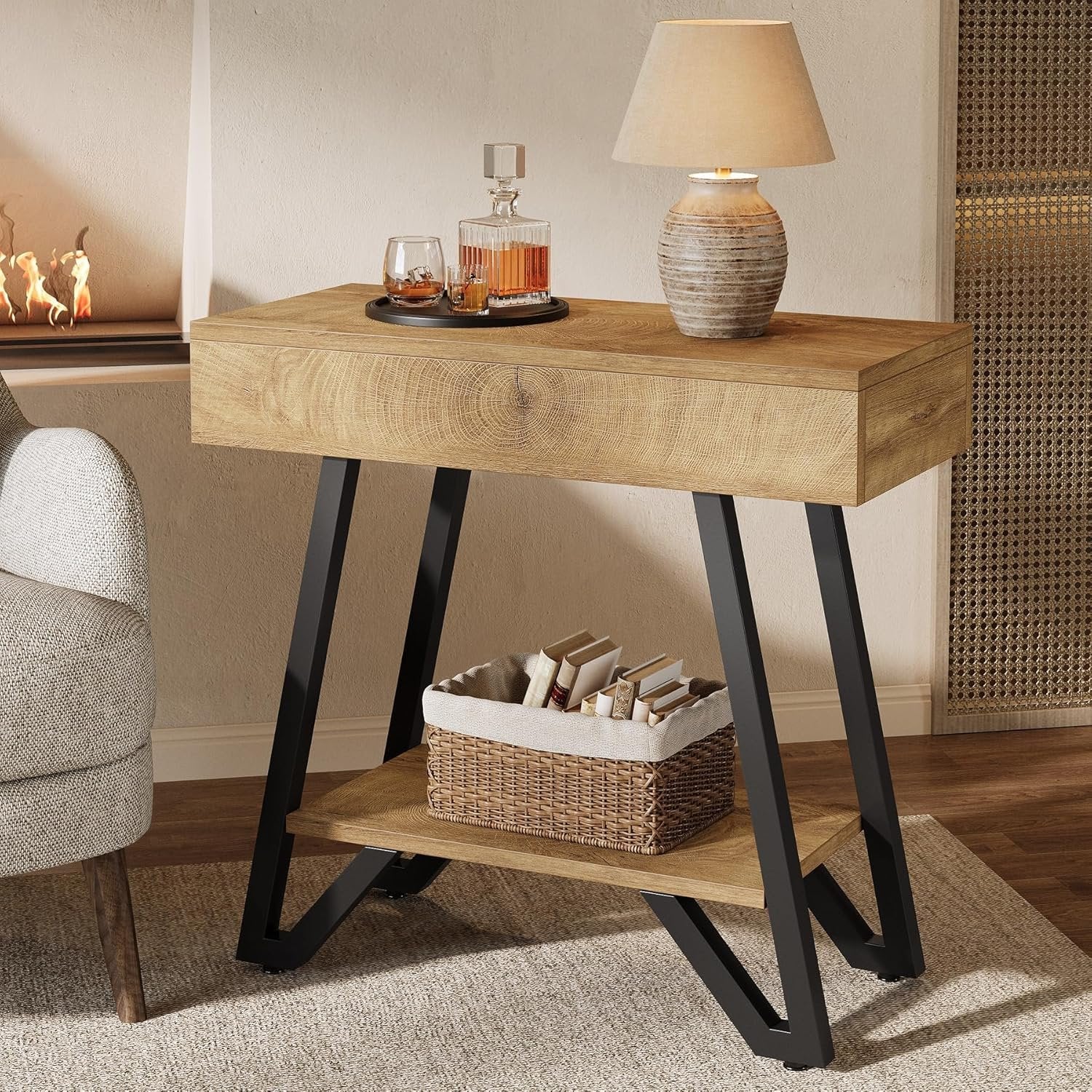 60 cm Beistelltisch mit Ablage, Naturholz Nachttisch für kleine Räume in Wohn- & Schlafzimmer