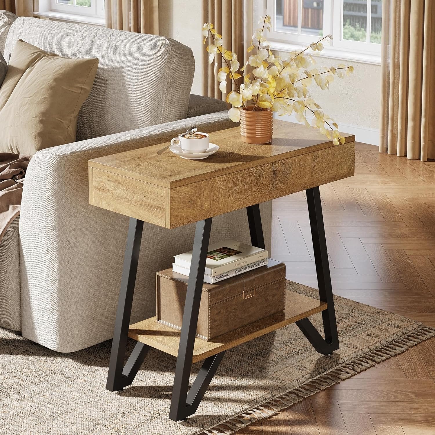 60 cm Beistelltisch mit Ablage, Naturholz Nachttisch für kleine Räume in Wohn- & Schlafzimmer