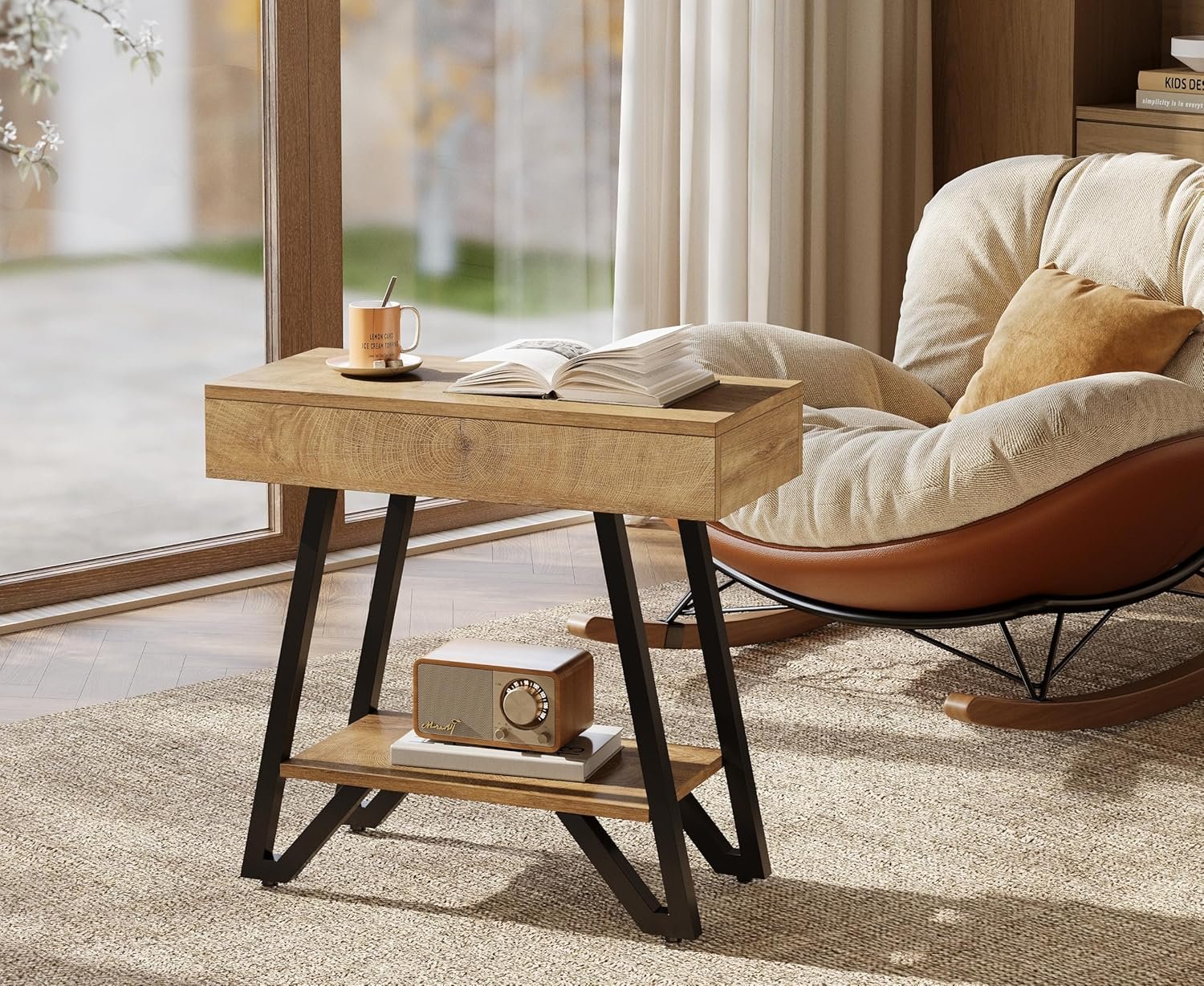 60 cm Beistelltisch mit Ablage, Naturholz Nachttisch für kleine Räume in Wohn- & Schlafzimmer