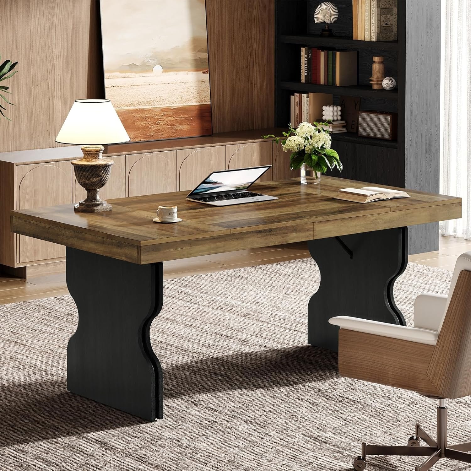 160 cm Landhaus-Schreibtisch - Bürotisch mit Sanduhr-Beinen in Braun & Schwarz