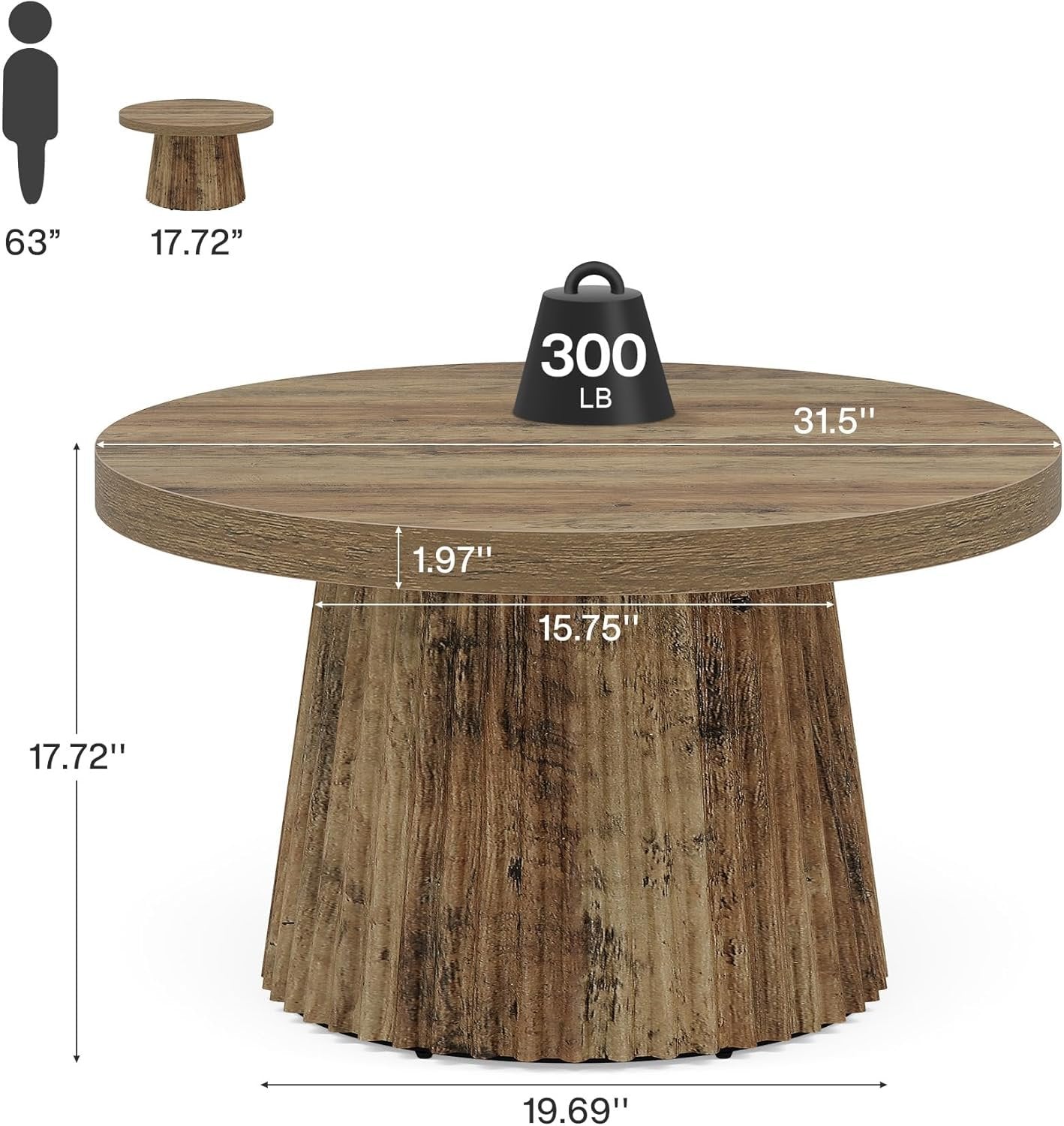 80 cm Runder Couchtisch mit Riffelbasis, moderner Beistelltisch in Braun für Wohnzimmer und kleine Räume