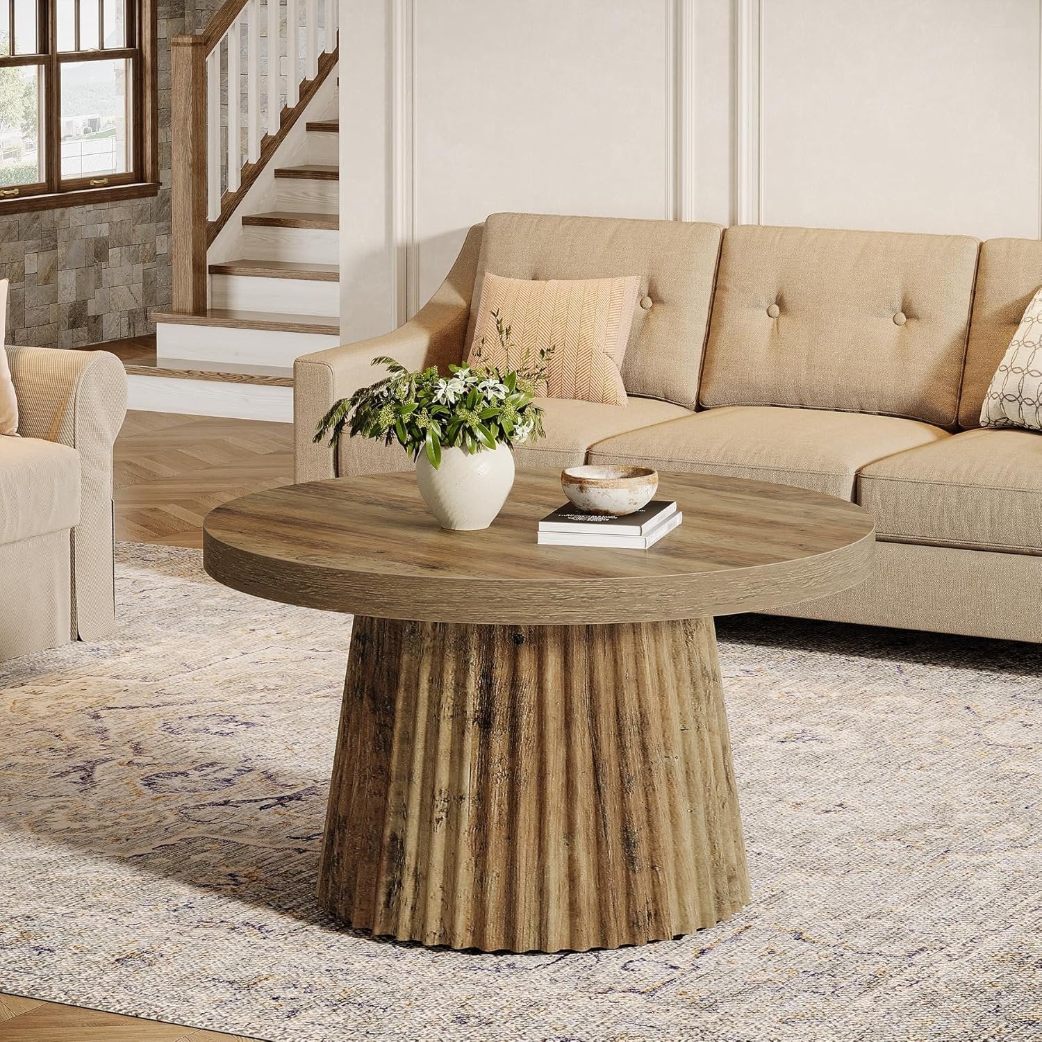 80 cm Runder Couchtisch mit Riffelbasis, moderner Beistelltisch in Braun für Wohnzimmer und kleine Räume