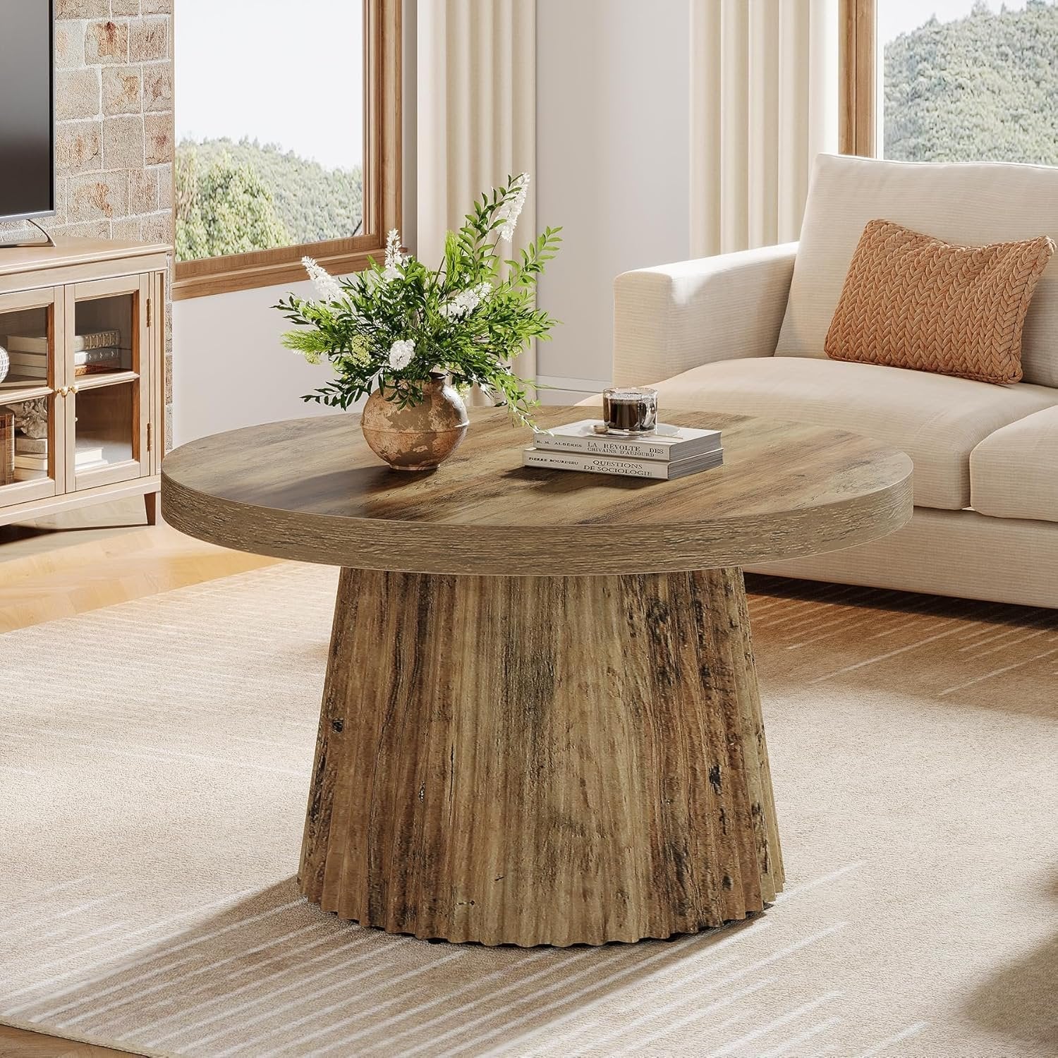 80 cm Runder Couchtisch mit Riffelbasis, moderner Beistelltisch in Braun für Wohnzimmer und kleine Räume