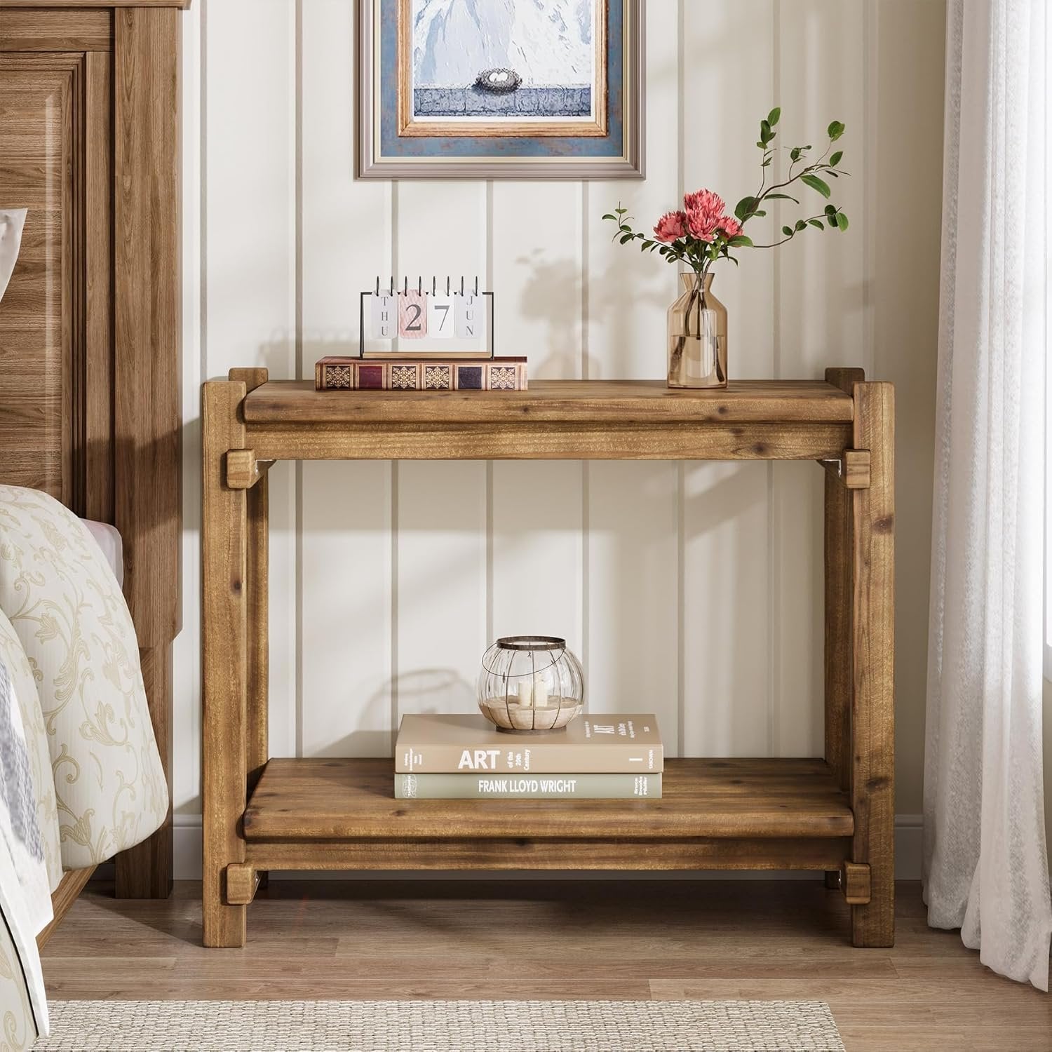 TRIBEWOOD Massivholz-Beistelltisch mit 2 Ebenen schmaler Sideboard für Wohnzimmer, Schlafzimmer