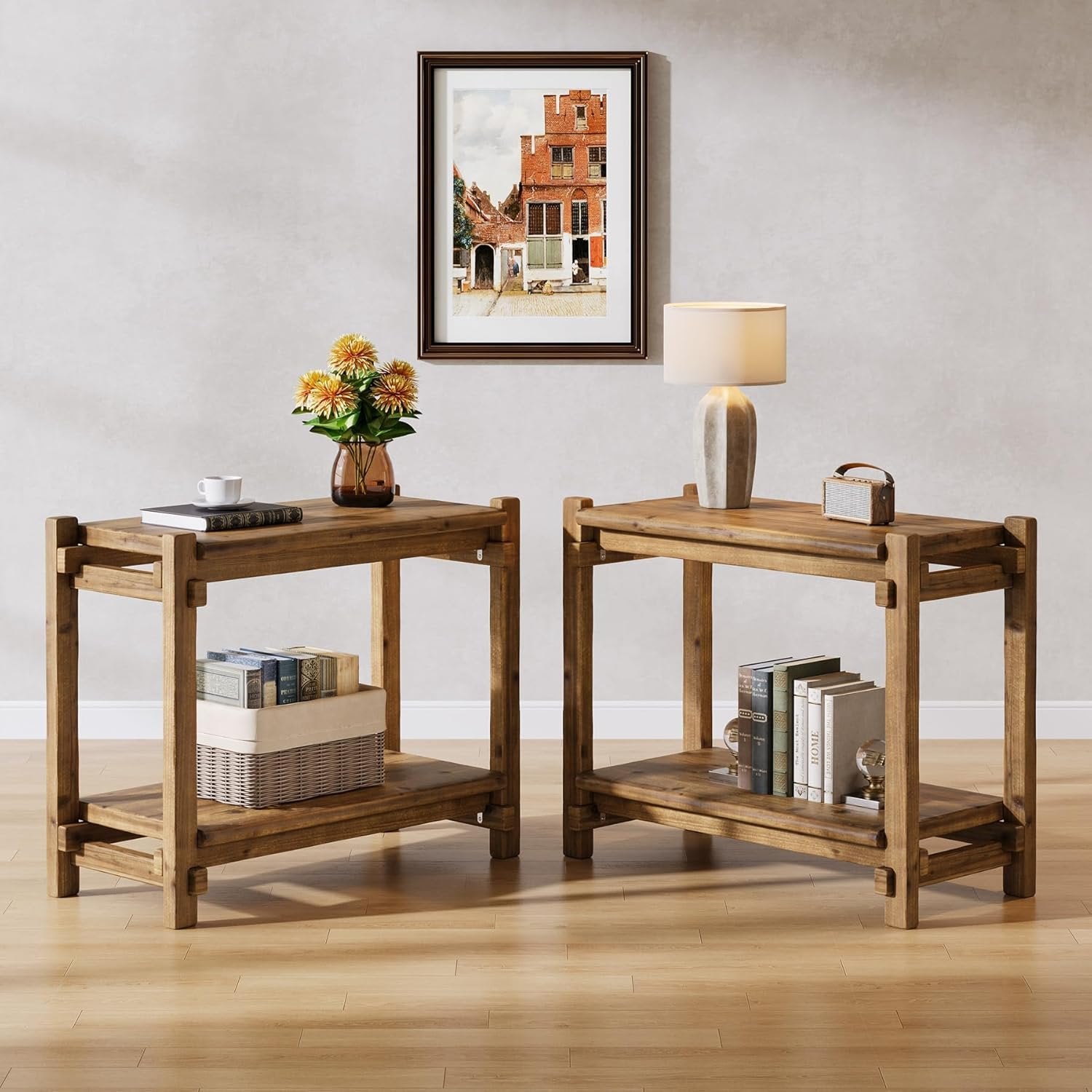 TRIBEWOOD Massivholz-Beistelltisch mit 2 Ebenen schmaler Sideboard für Wohnzimmer, Schlafzimmer