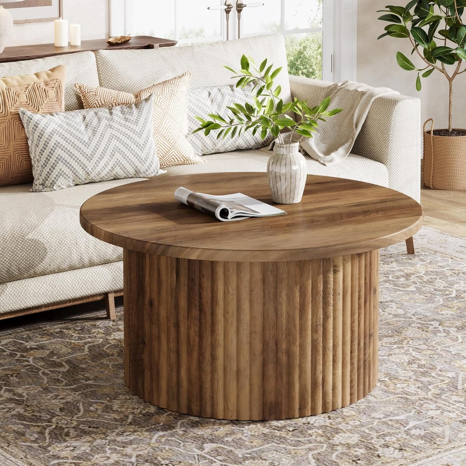 80 cm Runde Landhaus-Couchtisch - Metallgestell mit Holzoptik-Platte für Wohnzimmer