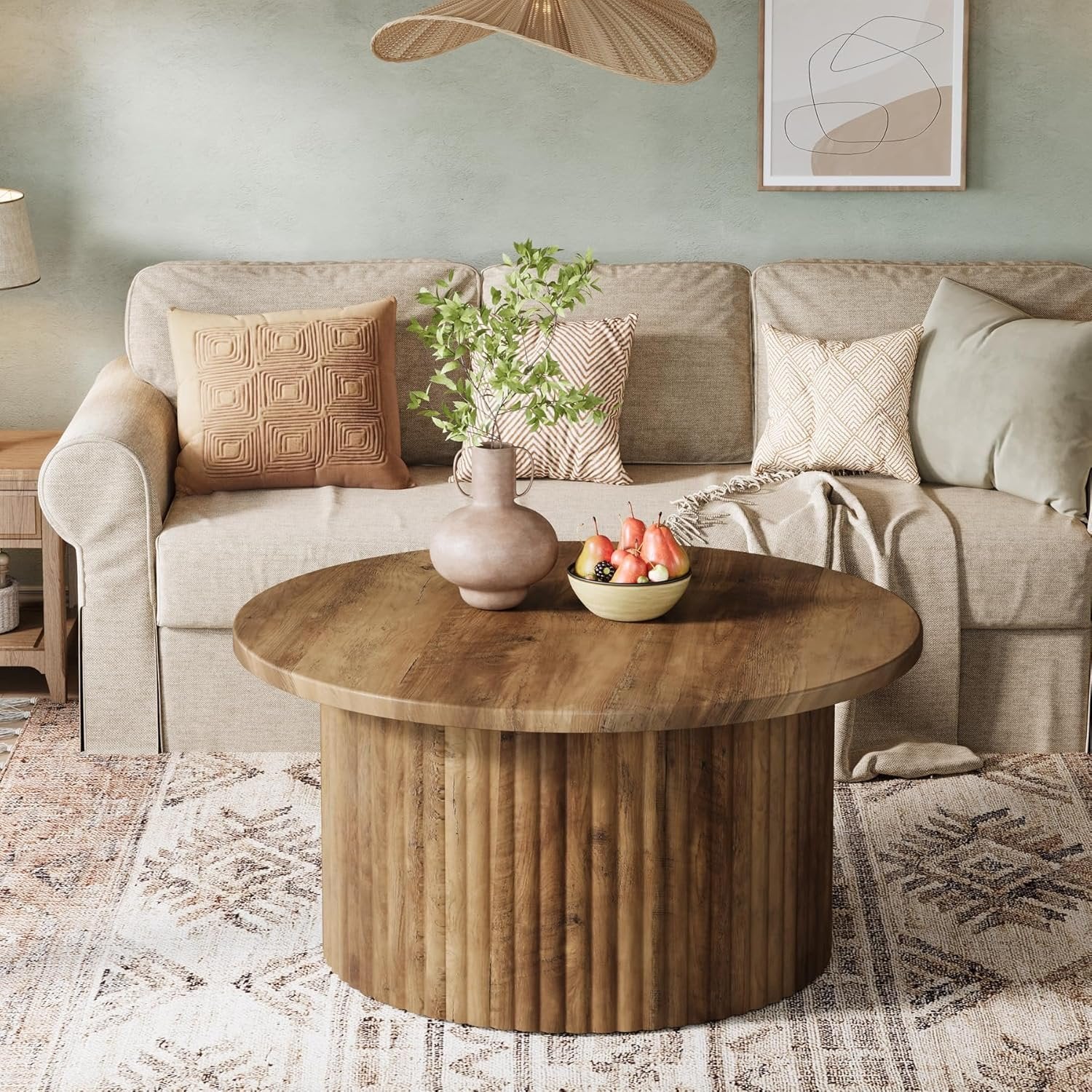 80 cm Runde Landhaus-Couchtisch - Metallgestell mit Holzoptik-Platte für Wohnzimmer