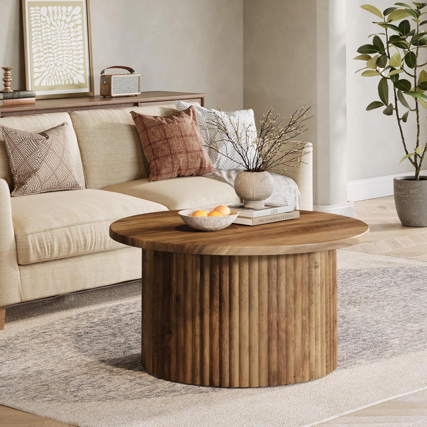 80 cm Runde Landhaus-Couchtisch - Metallgestell mit Holzoptik-Platte für Wohnzimmer