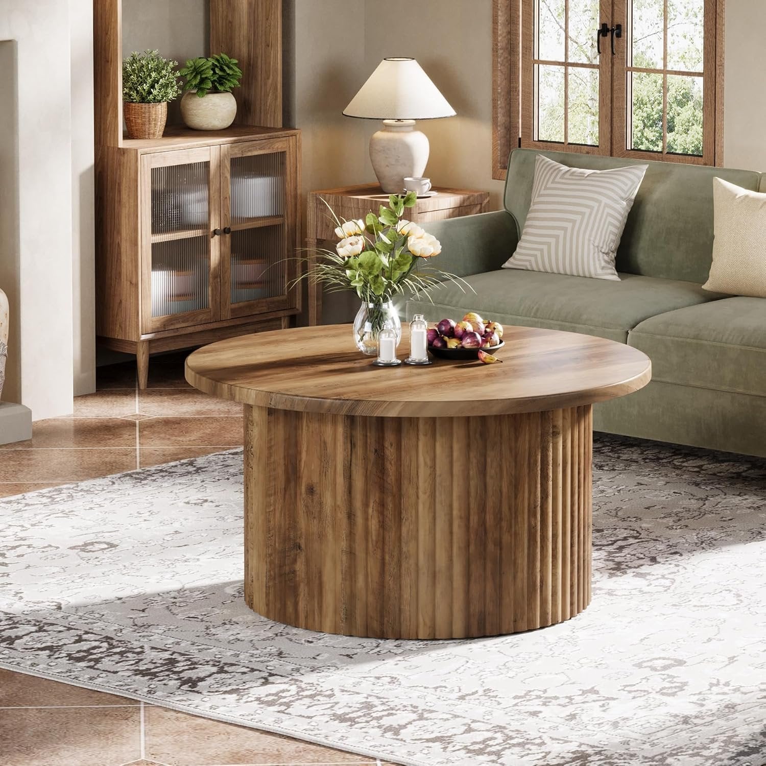 80 cm Runde Landhaus-Couchtisch - Metallgestell mit Holzoptik-Platte für Wohnzimmer
