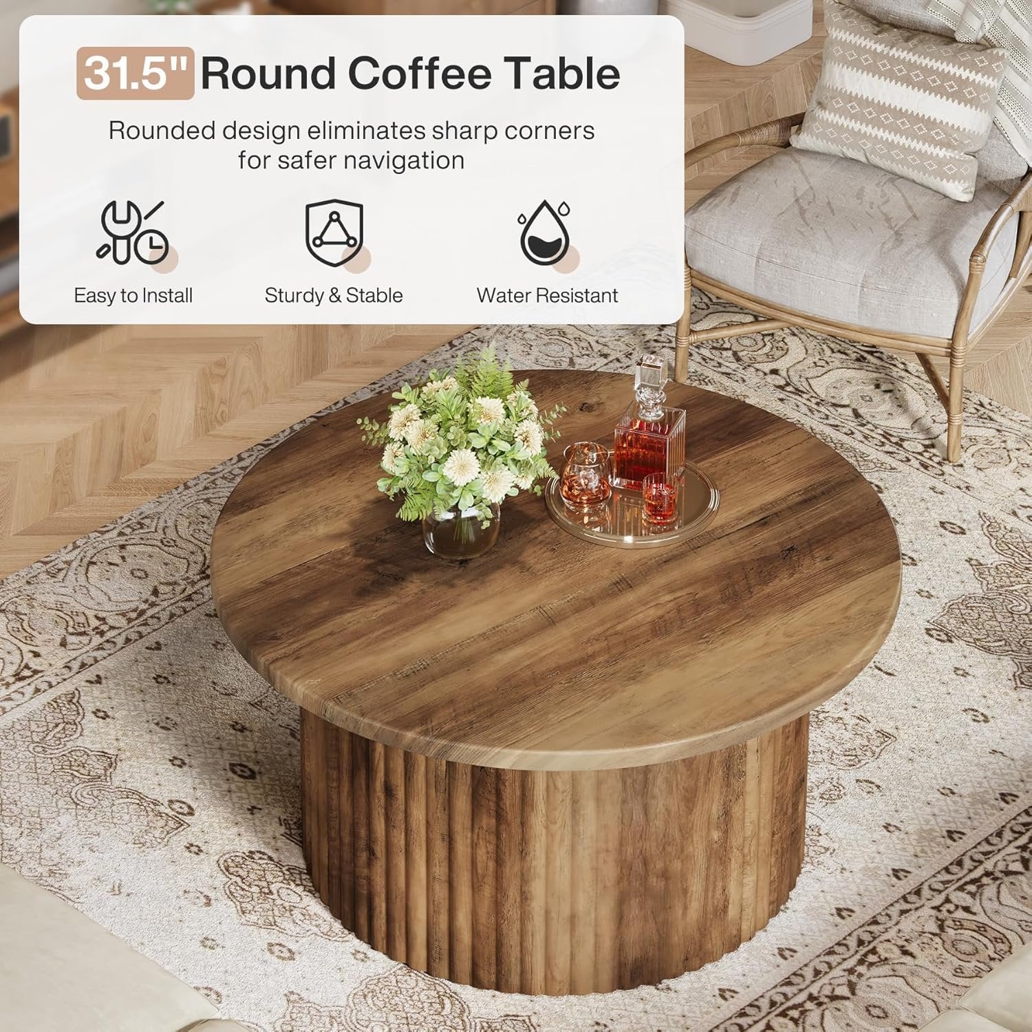80 cm Runde Landhaus-Couchtisch - Metallgestell mit Holzoptik-Platte für Wohnzimmer
