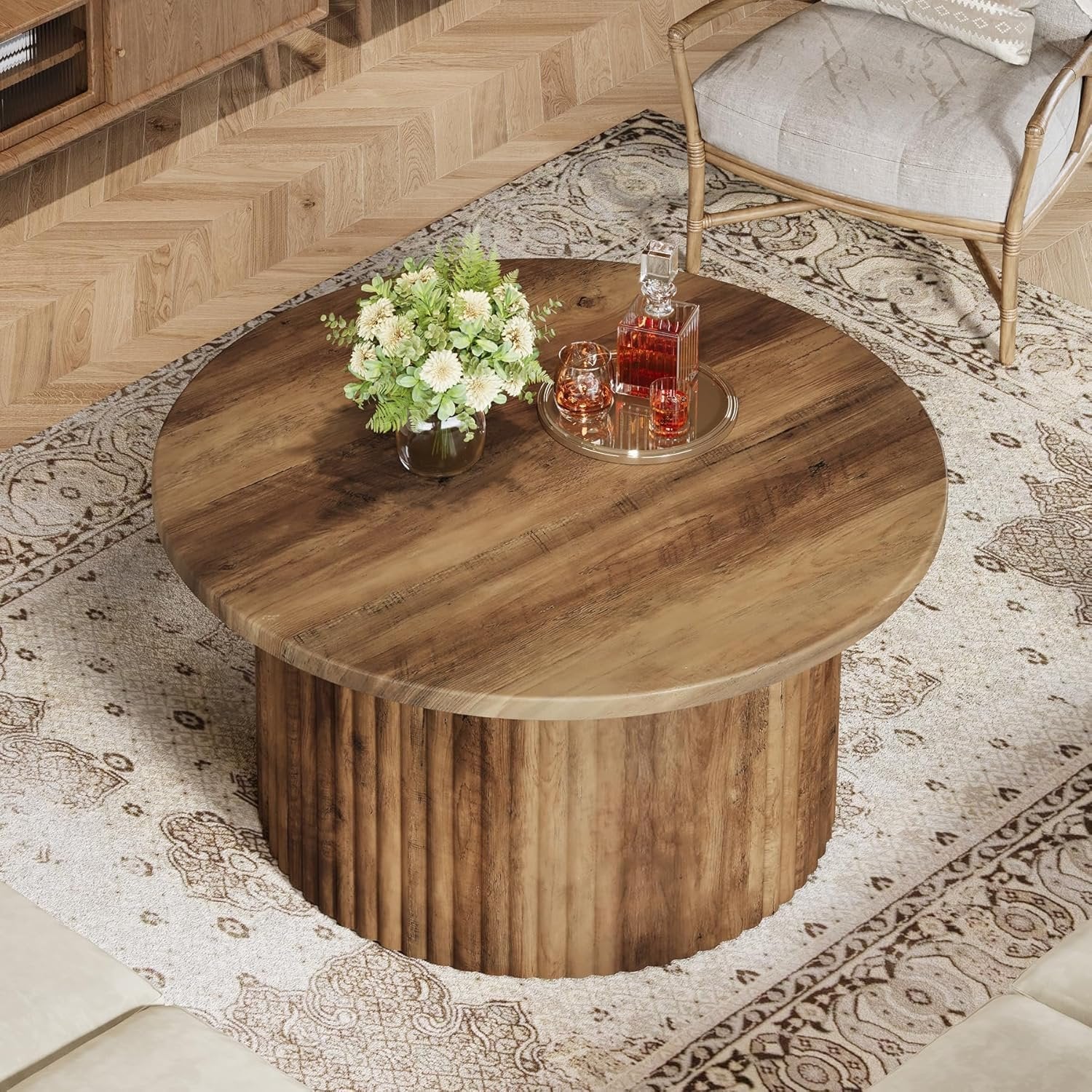 80 cm Runde Landhaus-Couchtisch - Metallgestell mit Holzoptik-Platte für Wohnzimmer